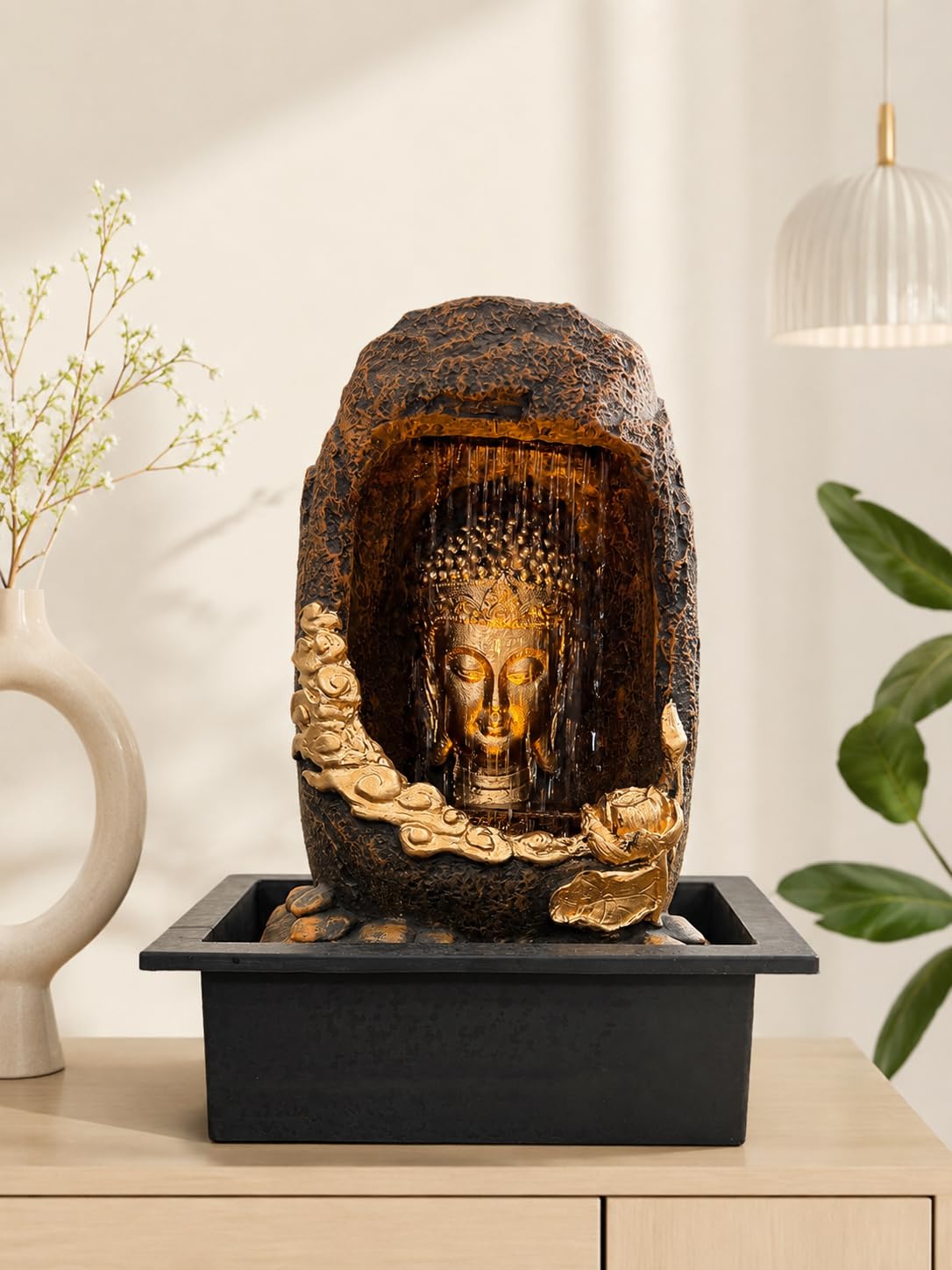 CHRONIKLE Polyresin Tabletop Gold Brown Meditating Buddha Sitting in Cave Style Indoor Front Curtain Waterfall Fountain for Home Decor with LED Light, Speed Controller Pump (Size: 40 x 22 x 29.5CM)-image-35
