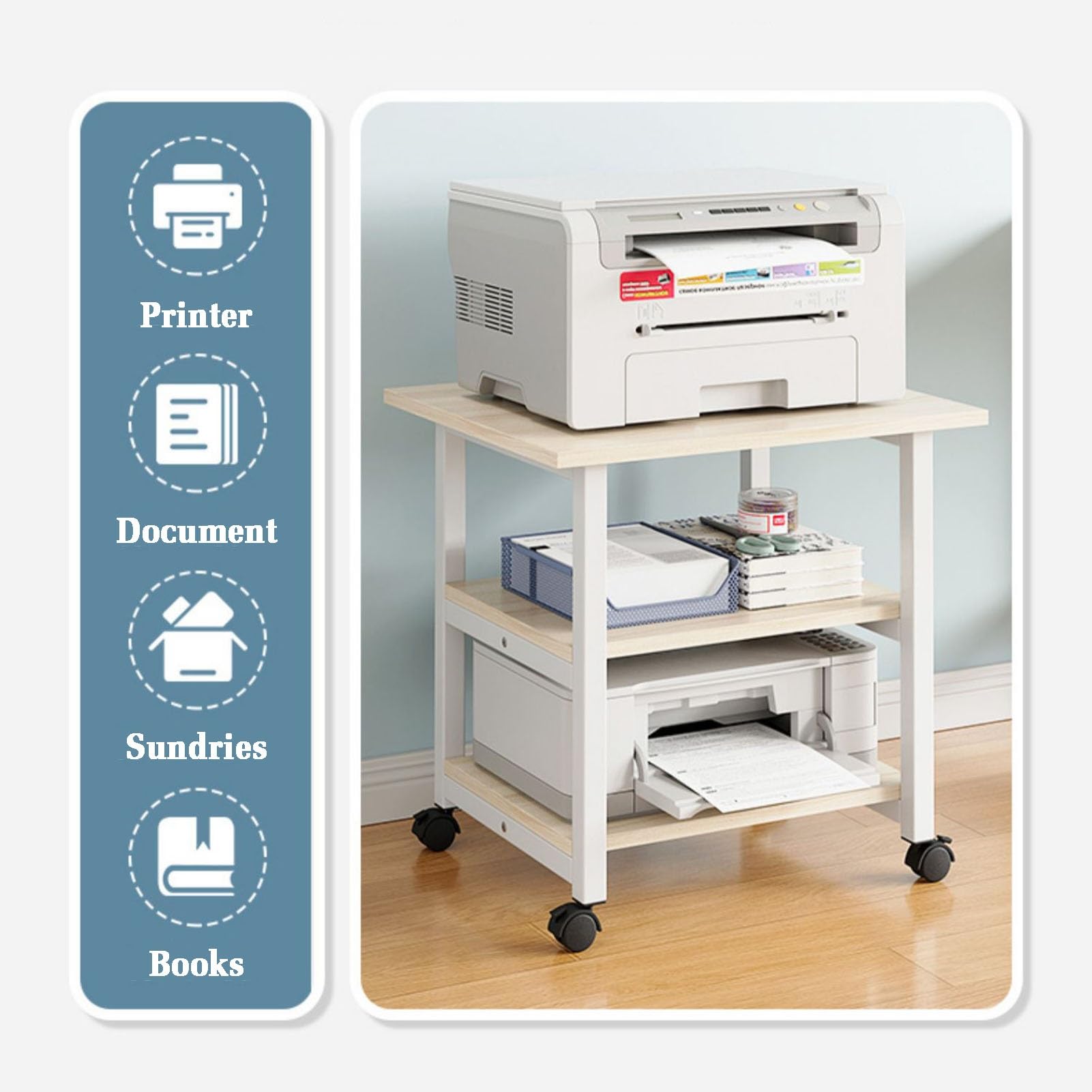 3-stufiger Druckerständer, AV-Medienschrankständer, Medienaufbewahrungsschrank, Mehrzweck-Home-Office-Organizer, Geeignet for Die Integration Zu Hause Und Im Büro (Color : Beige)