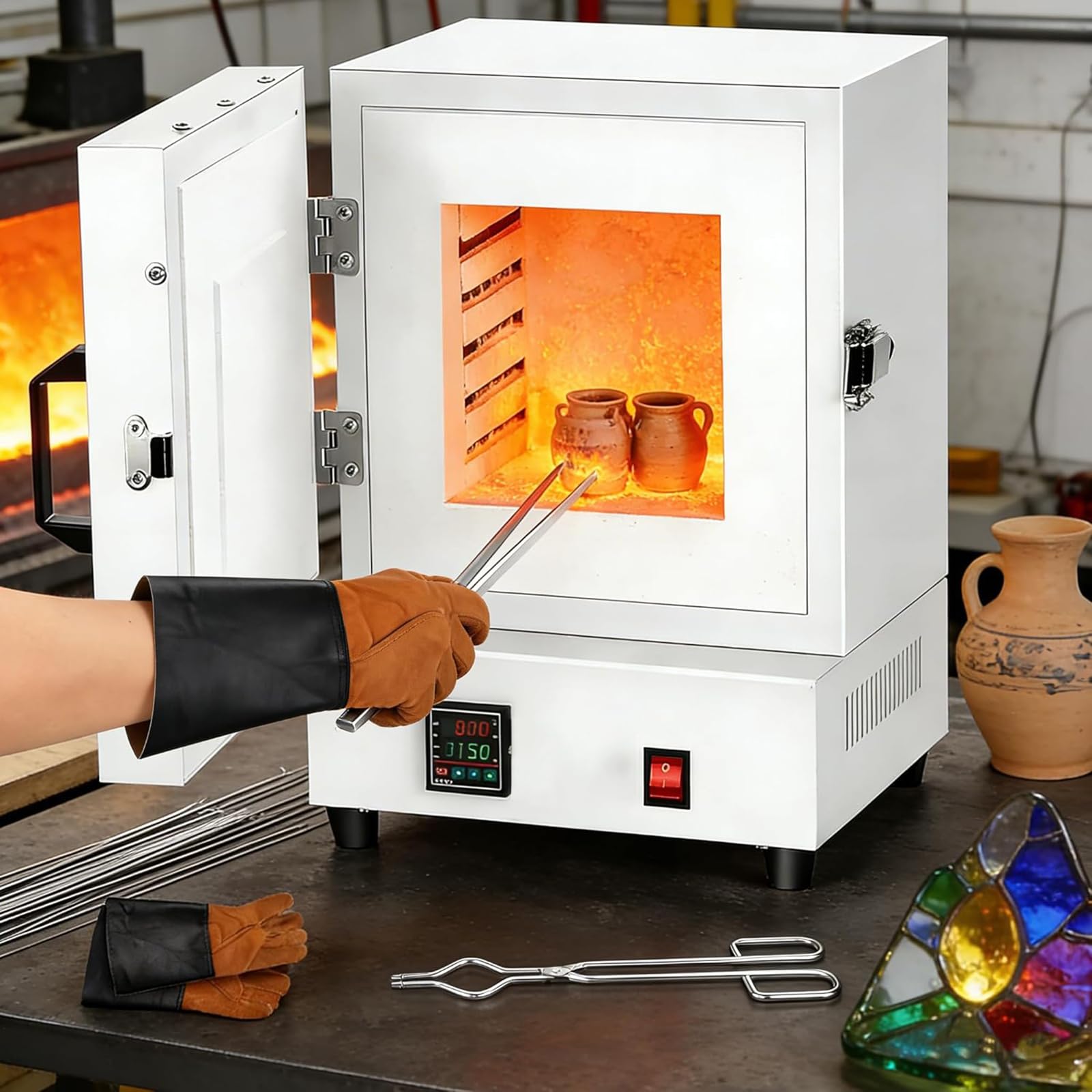 2000W Elektrischer Ausbrennofen/Brennofen, Elektrischer Brennofen 1150℃ Metallschmelzofen, Geschlossener Labor-Muffelofen mit LED-Display und 4-seitiger Heizung für Tonkeramik-DIY