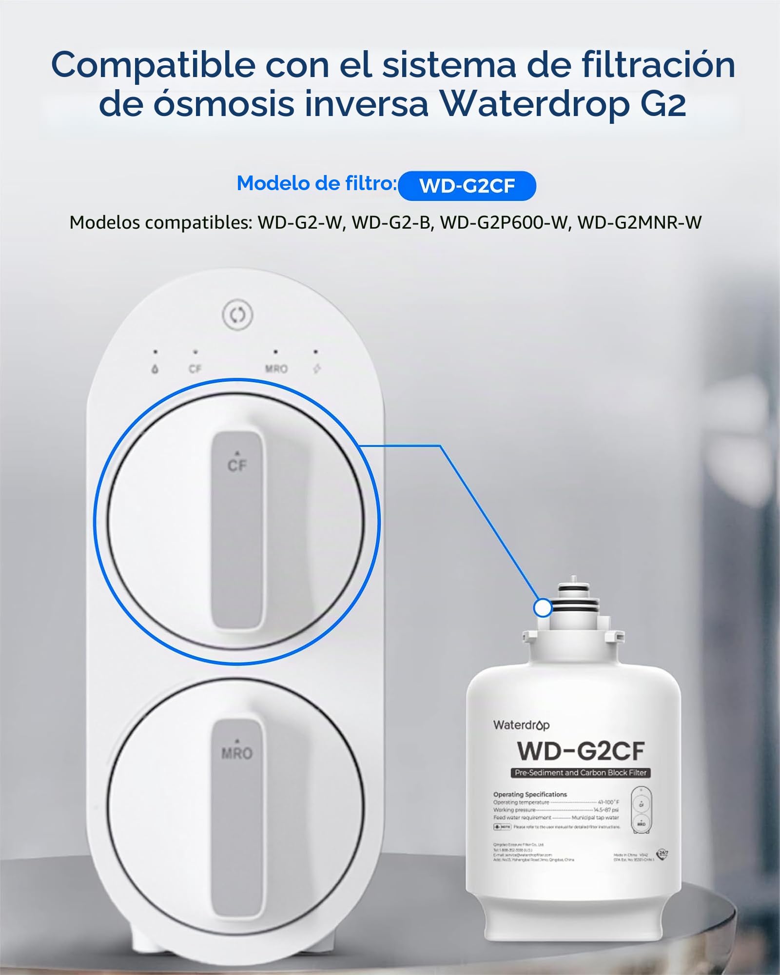 Waterdrop Filtro WD-G2CF, 12 Meses de Vida útil, reemplazo para el Sistema de ósmosis inversa WD-G2-B, WD-G2-W