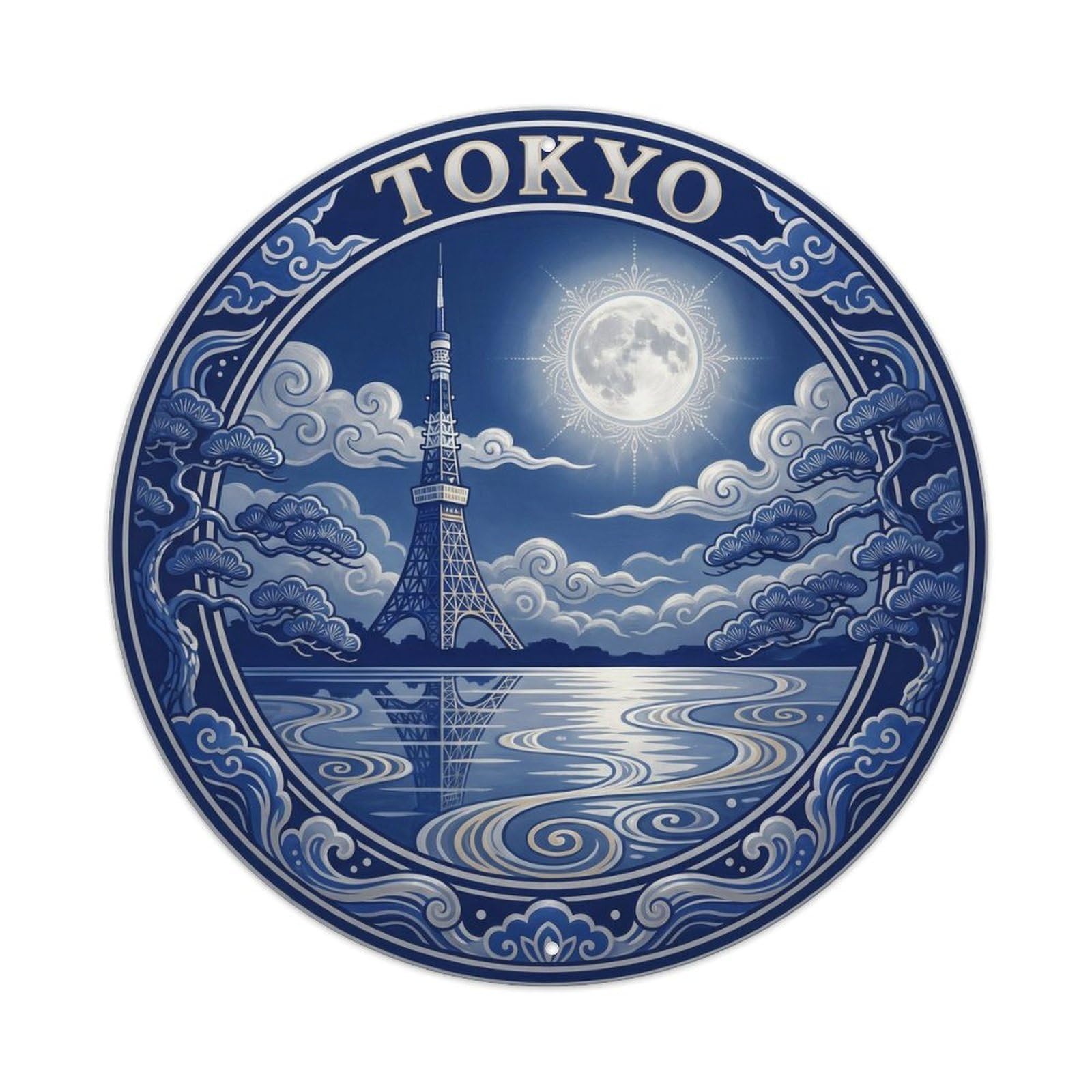 Olyhtr 8X8inch Classic Style Tokyo Tower Moon Reflection Yamato Cobalt Silver Japan Metal Tin Sign