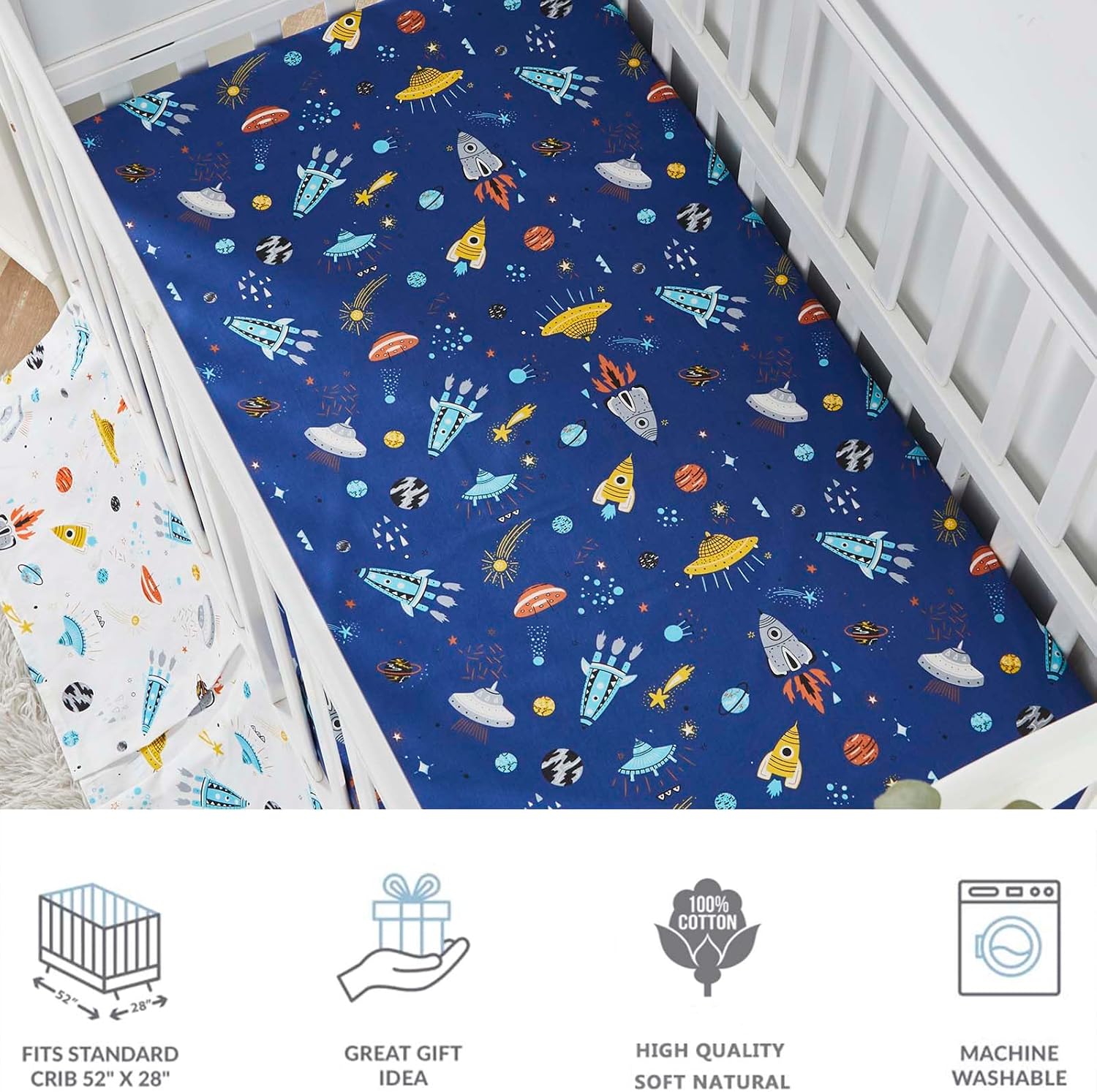 Brandream Crib Bedding Set for Boys 100% Cotton Outer Space Rocket Spaceship Astronaut Baby Nursery Bedding Soft Crib Blanket, Crib Sheet, Crib Bed Skirt 3 Pieces