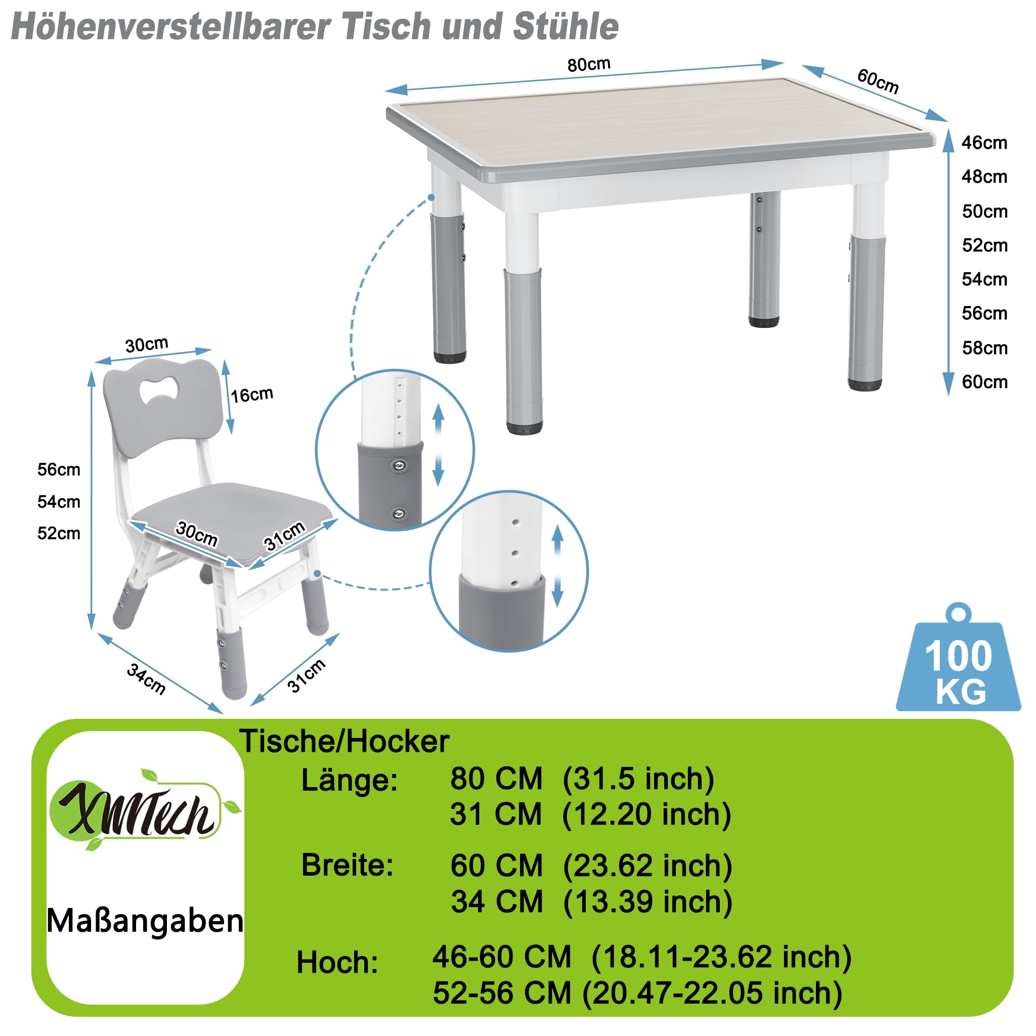 XMTECH Stół dziecięcy z 2 krzesłami, 80 x 60 cm, zestaw mebli dziecięcych z regulacją wysokości, zestaw krzeseł dla dzieci do klasy/przedszkola, meble dziecięce z HDPE i ABS, dla dzieci w wieku 2-10