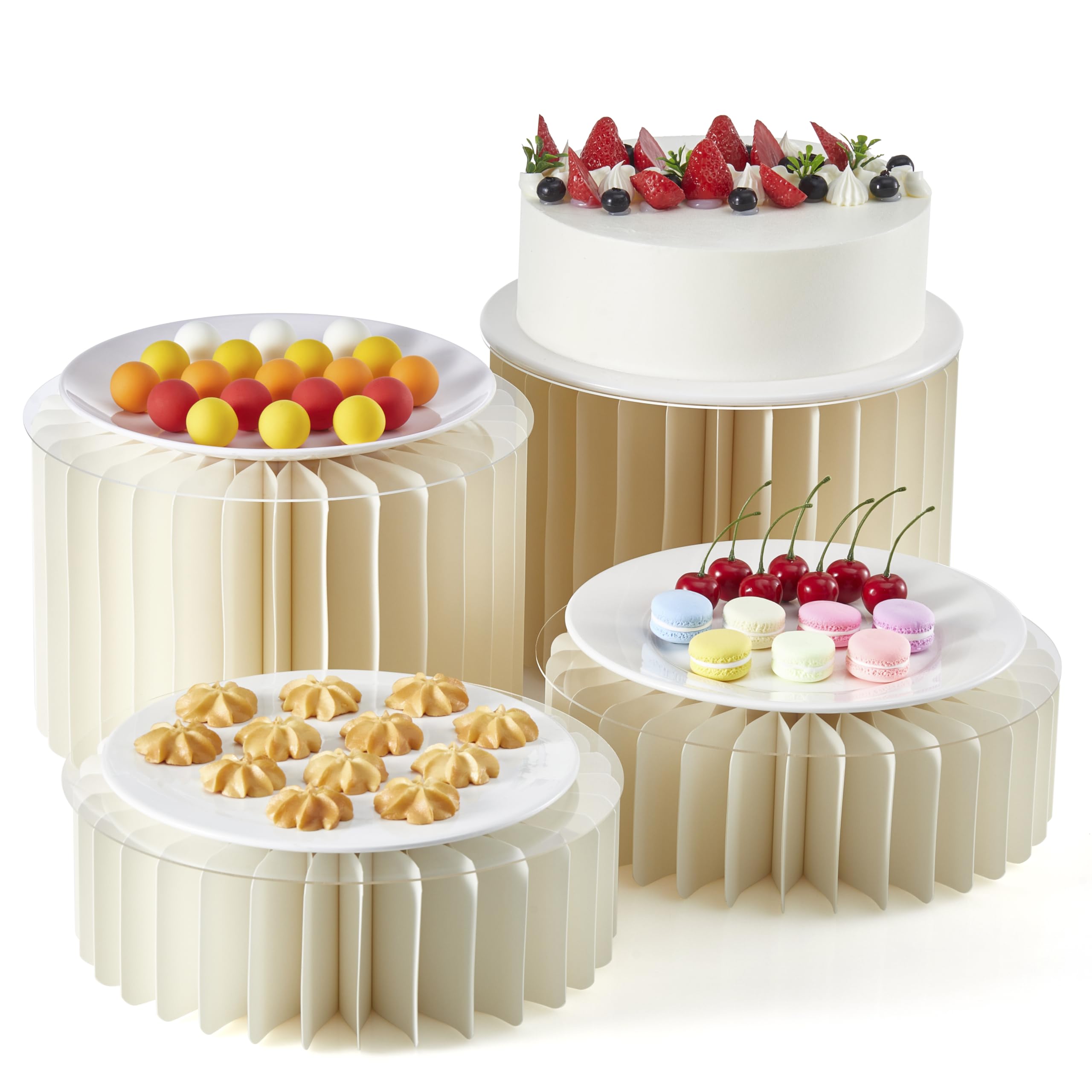 BRESENZ Buffet Risers and Stands for Food Platters - 4-Pack with Acrylic Plates, Foldable White Cardboard Display Platforms for Buffet Table, Catering, Wedding, Baby Showers & Party Decor