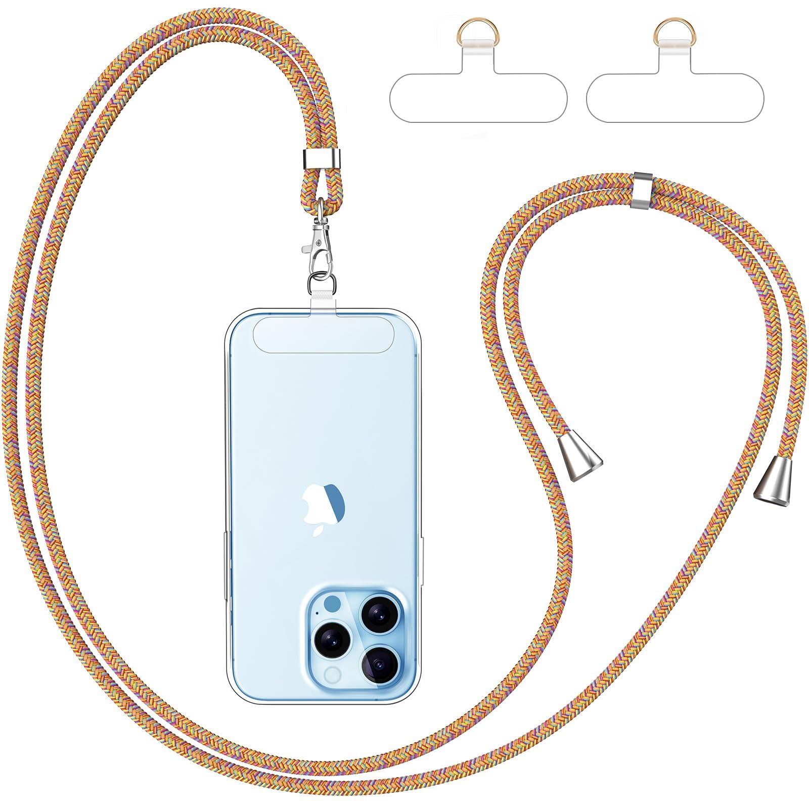 caslord Handyband Universal, Handy Lanyard mit 2 Stück Universelles Patch, Handyband mit Hülle kombinierbar, Einstellbar und Abnehmbar -Rainbow+Transparent