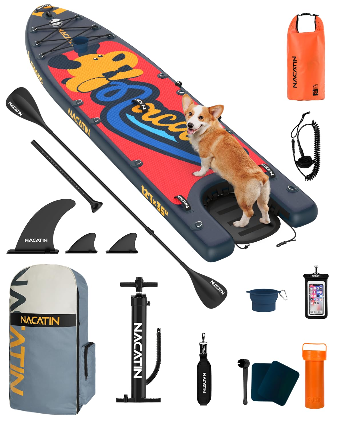 NACATIN Tabla de remo inflable de pie – Tabla de SUP de alta calidad con kit de rampa para perros, juego completo de tablas de remo para adultos con remo individual/doble, mochila, adecuada para remo