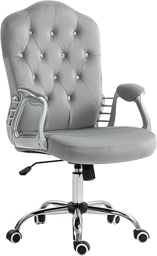 Vinsetto Silla de oficina en casa, silla de terciopelo para computadora, silla de escritorio con botones copetudos con ruedas giratorias, altura