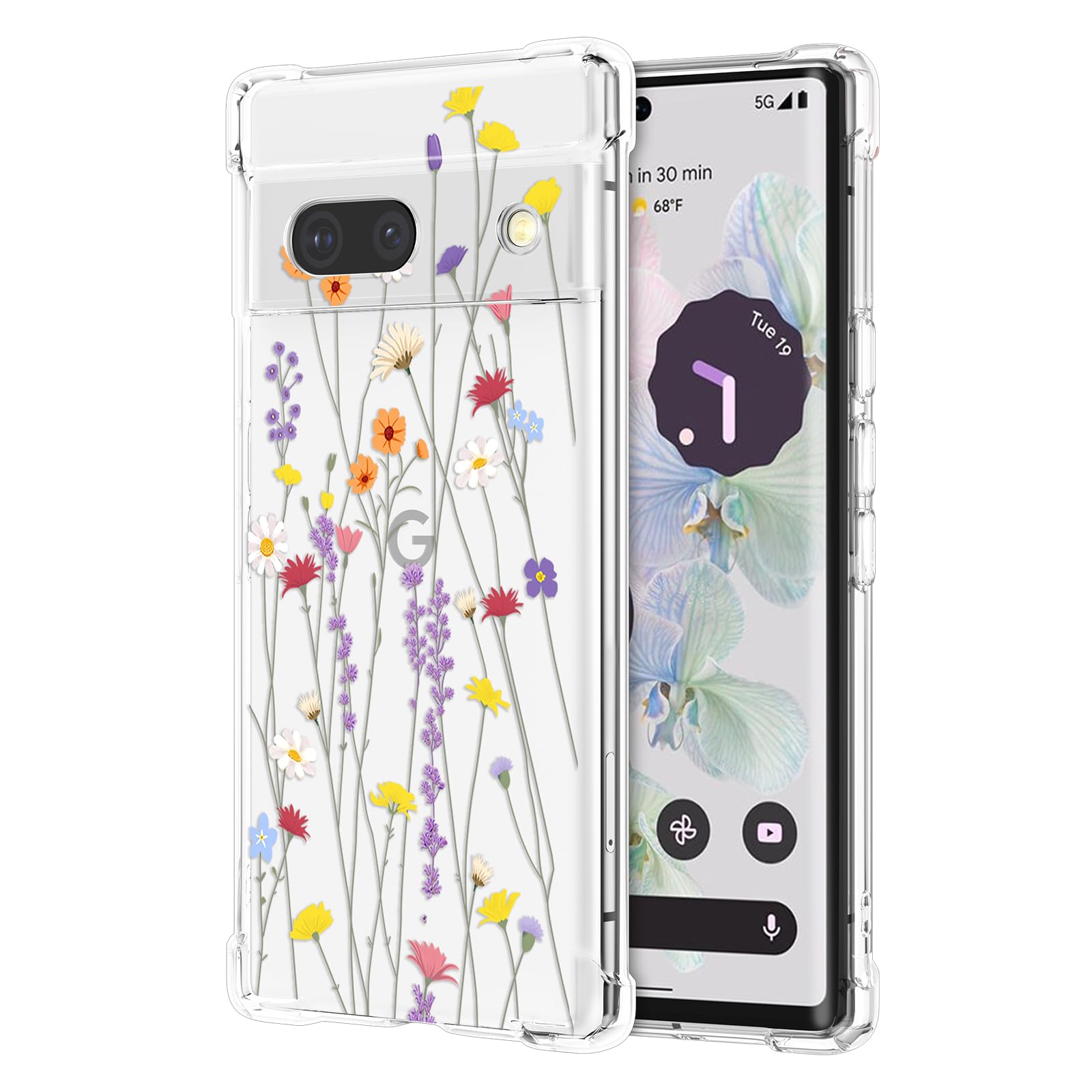 RALEAVO Floral Case for Google Pixel 7a,Clear Flower Case Slim Cute Cover for Girls Women,Transparent Soft TPU Bumper Protective Case with Reinforced