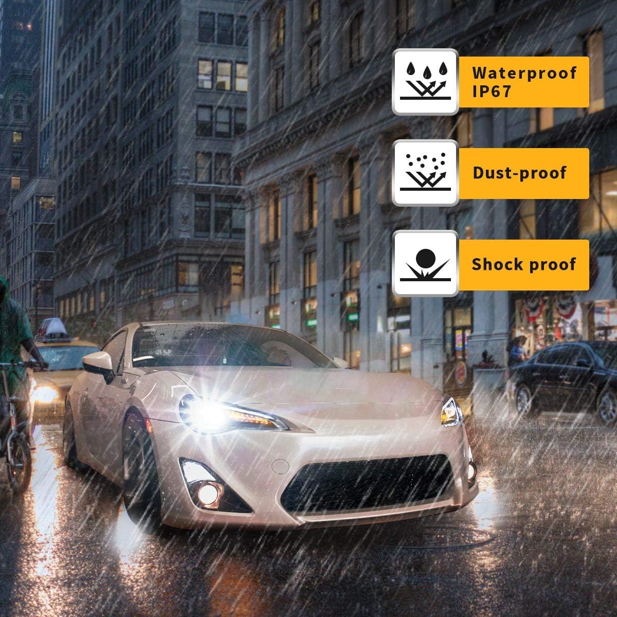 Car driving in rain with icons indicating Waterproof IP67, Dust-proof, and Shock proof features