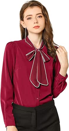 Allegra K Elegant rosett hals blus uppvikt långärmad slips framtröja