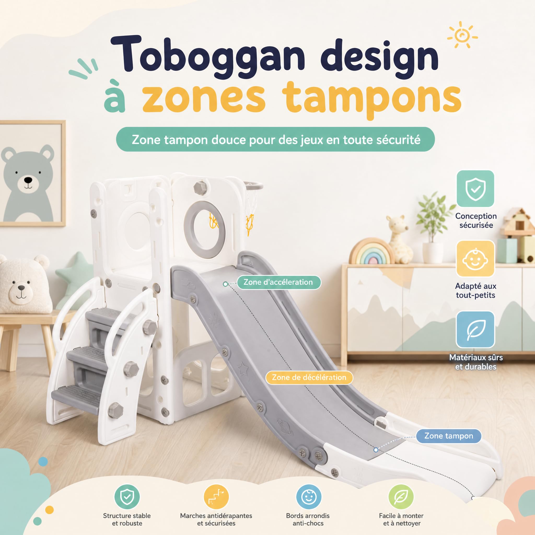 hotsizz Toboggan Enfant utilisable en intérieur et extérieur Toboggan 4 en 1 équipé d’Un Panier de Basket, d’Un bac de Rangement et d’escaliers d’Escalade,Longueur du Toboggan 136 cm