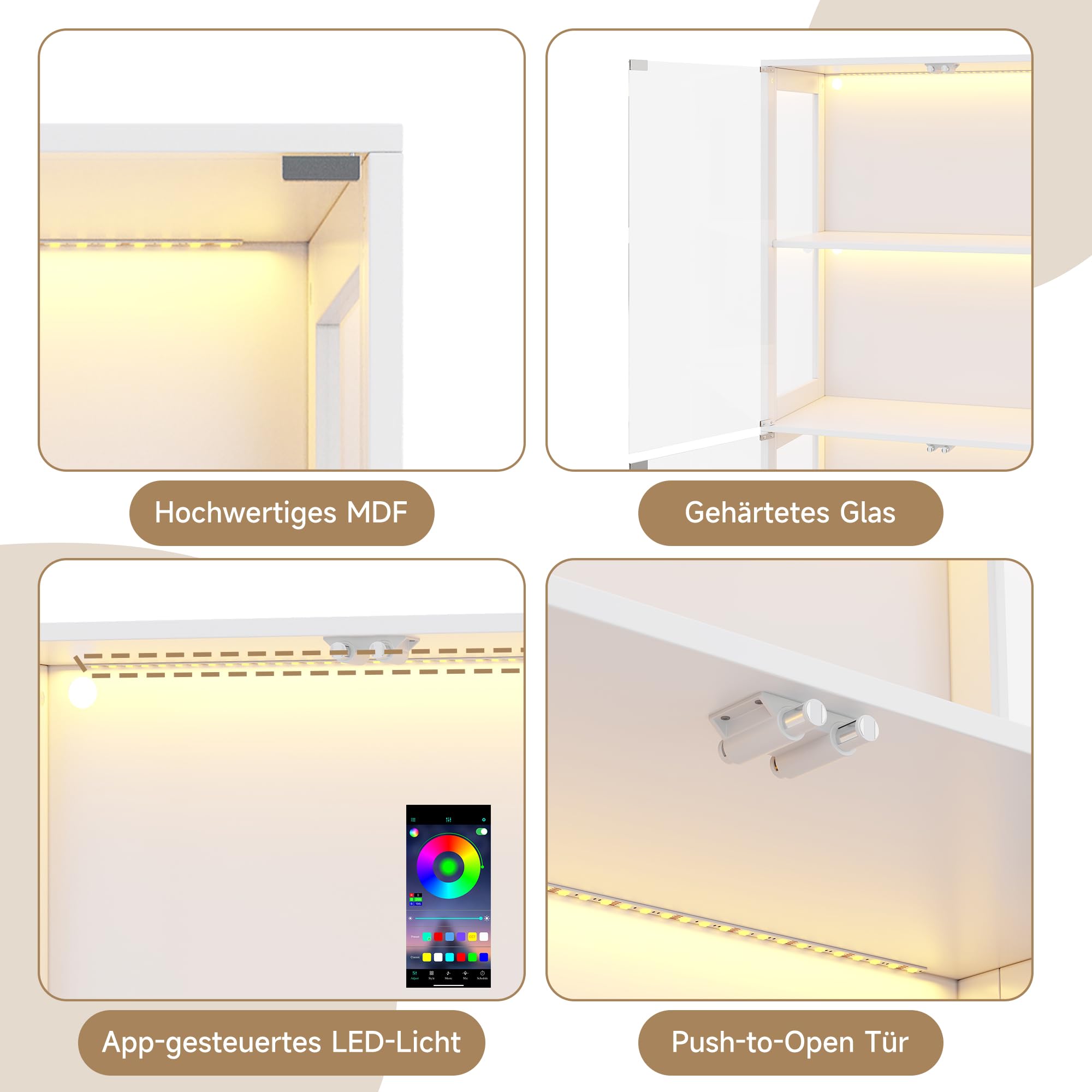 Soweiz Vitrina LED de cristal transparente, 4 niveles de almacenamiento, luz LED controlada por aplicación, puertas push to abiertas, vitrina para figuras y modelos (blanco, 80 x 35 x 170 cm)