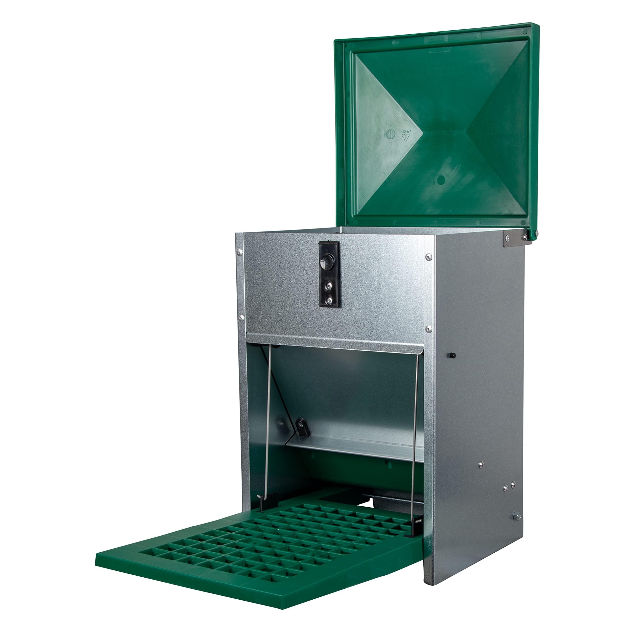 horizont Futterautomat Hühner Feedomatic mit Trittplatte, 5kg, verzinkt, Futterautomat für Hühner, ideales Hühnerzubehör, rattensicher, Futterspender