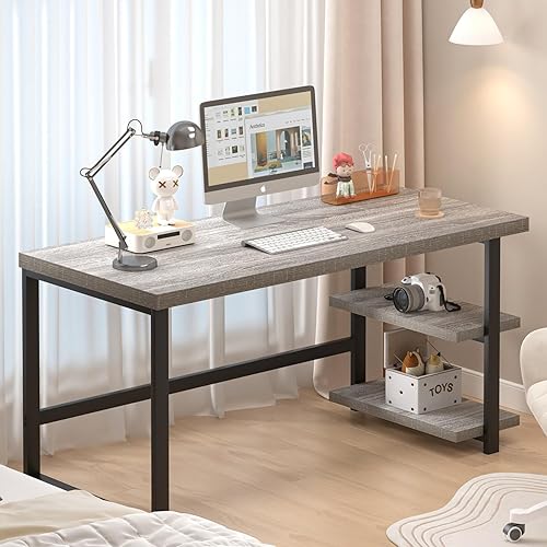 Miniatura 41 de FOLUBAN Escritorio de oficina en casa, escritorio moderno para computadora con estante de almacenamiento, mesa de estudio de madera para juegos para