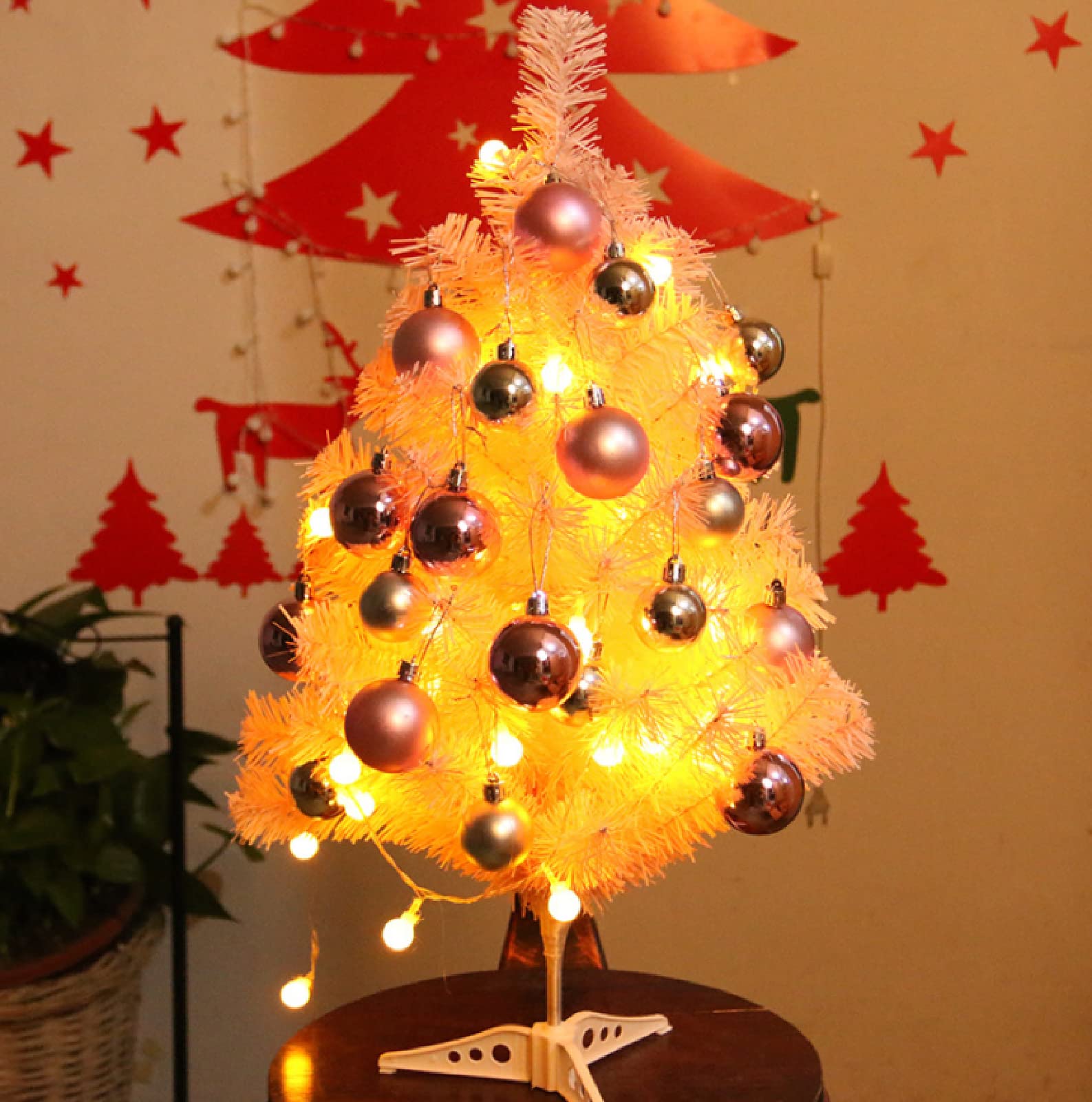 Albero di Natale Pino Ecologico e Ignifugo,Super Folto Abete Natale Artificiale,Piccolo Albero di Natale Rosa, Mini Decorazione da Tavolo,Rosa,60CM
