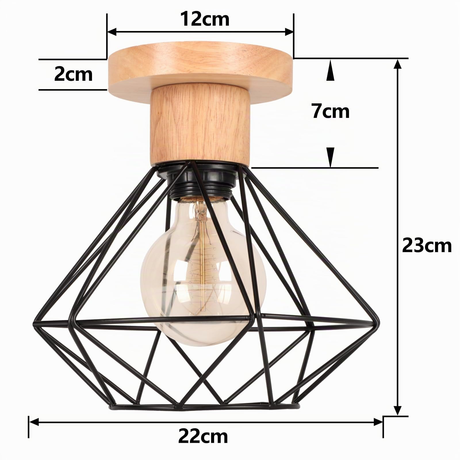Lámparas de Techo Vintage 22CM Retro Lámpara Colgante Diseño de Jaula Negro Iluminación de Techo en Madera y Hierro E27 Luz Colgante de Interior para Pasillo Salón Cocina (Plafón, 2 Piezas)