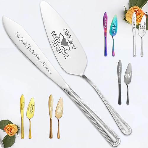 Juego de cuchillos y servidores personalizados para tartas con grabado personalizado, para boda, acero inoxidable, cortador de pastelería, para