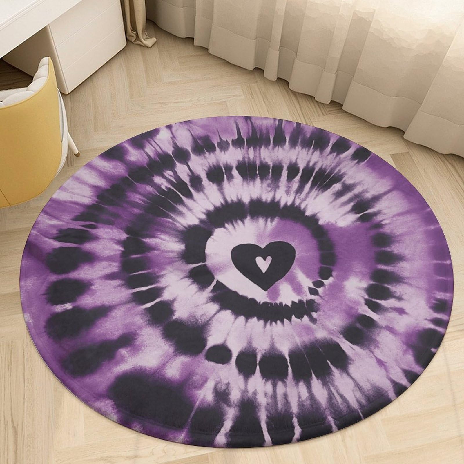 Tapis rond tie-dye violet 90x90 cm lavable et antidérapant pour déco de sol