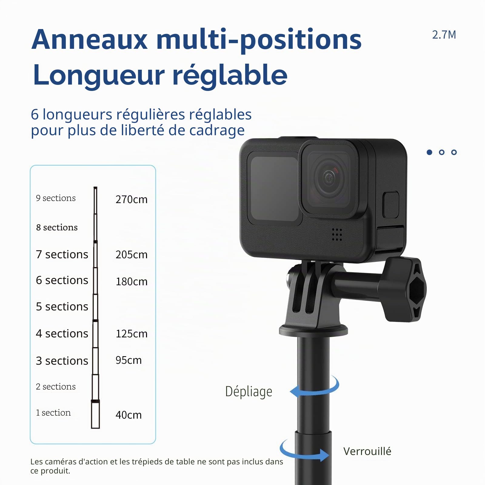 TELESIN Perche à Selfie Ultra Longue de 2,7 m en Fibre de Carbone pour GoPro Hero 13 12 11 10 9 8 7 Max, DJI Osmo 360 Action 6 5 Pro 4 3, Insta 360 X5 X4 X3 X2 et Autres caméras d'action