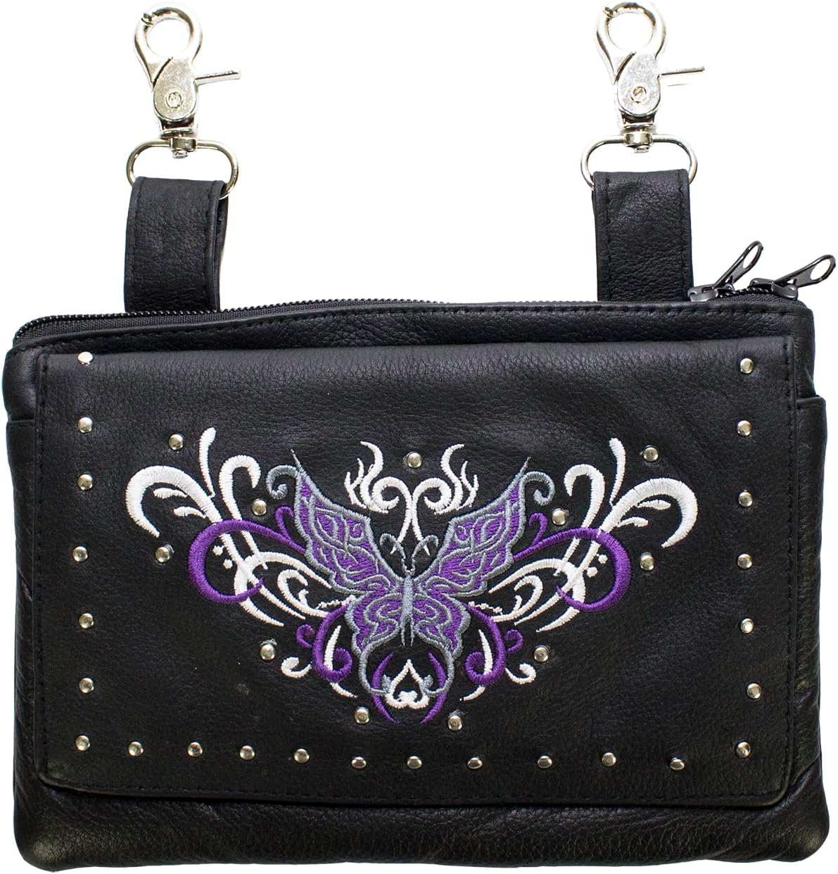 Motorcycle Womens Studed Fanny Waist Hip Leather Bag w/clip Pouch Purse 8.5 X 5.5 (Purple Butterfly)