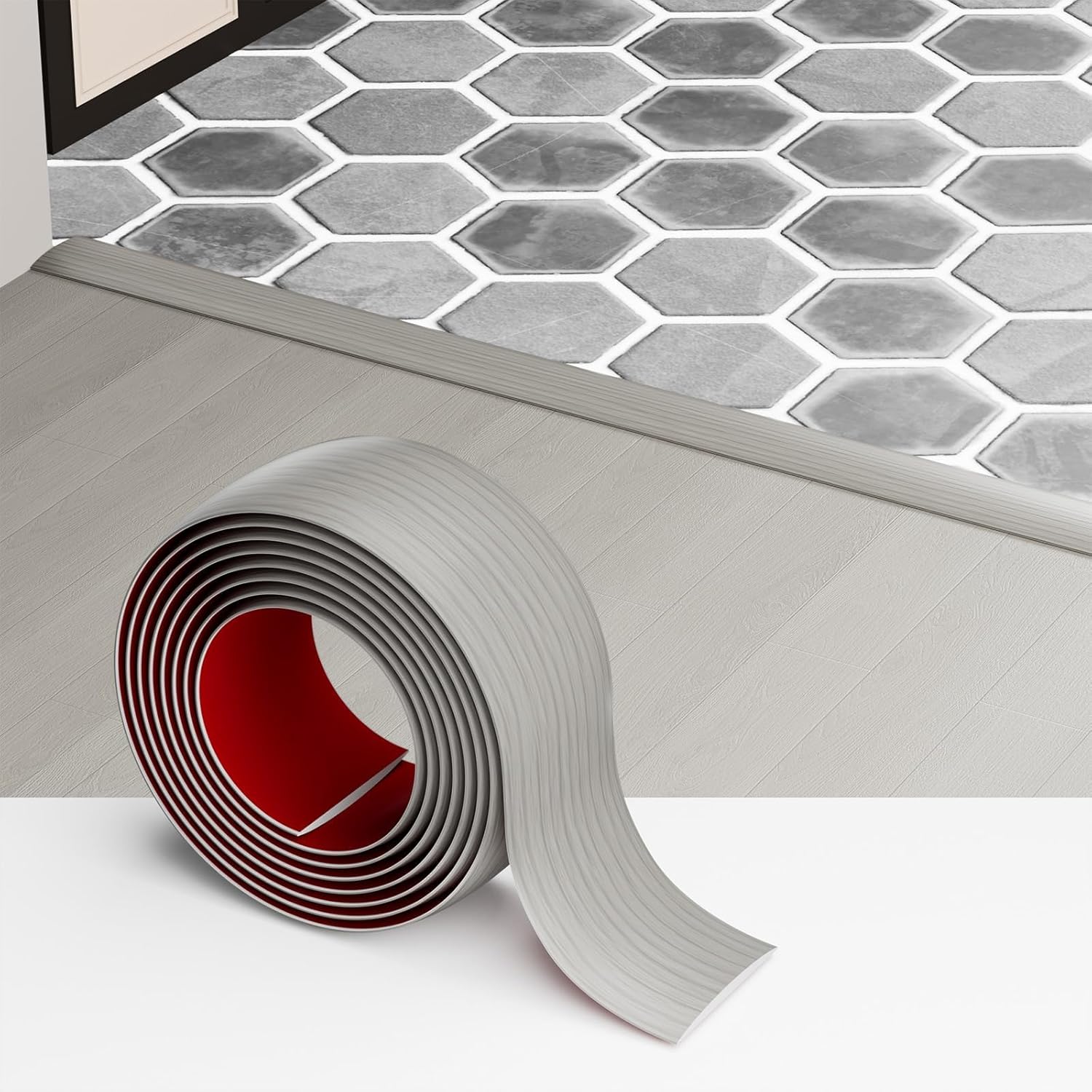 Floor Transition Strip - Self-Adhesive PVC Trim for Carpet to Flooring, Threshold Gap Cover (10ft x 1.97in, Beige Grey)