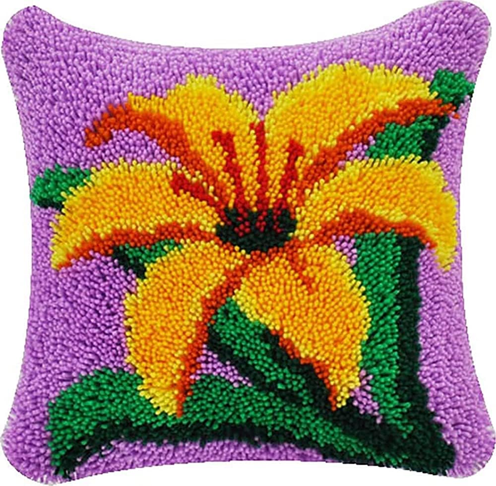 ROCKY&CHAO Yellow Lily 43x43cm Latch Hook Kit for Adults & Kids DIY Cushion Making Craft Kits with Yarn & Canvas and Crochet Needle, Latch Hook Pillow Cover Adult Craft Kits Home Decor for Women