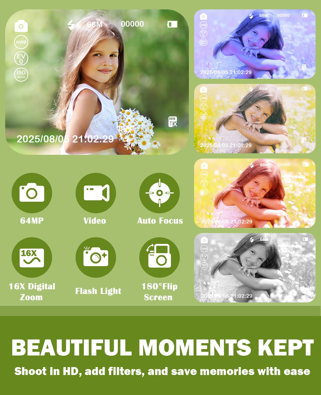 HEYMAO Kids Digital Camera 64MP 1080P 2.4" Flip Screen 32GB SD Card Boys and Girls Toys Camera Kids 3-12 Years - Image 3