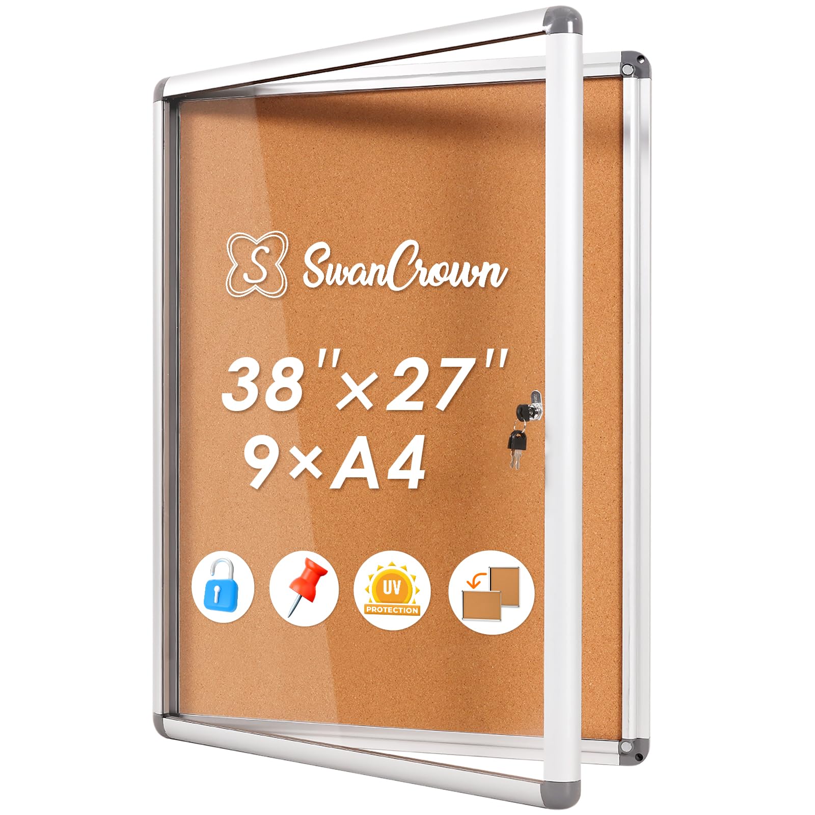 SWANCROWN Lockable Notice Cork Board, Tamperproof Wall Display Board with Locking Door for Office School Home, 98x72cm(9xA4)