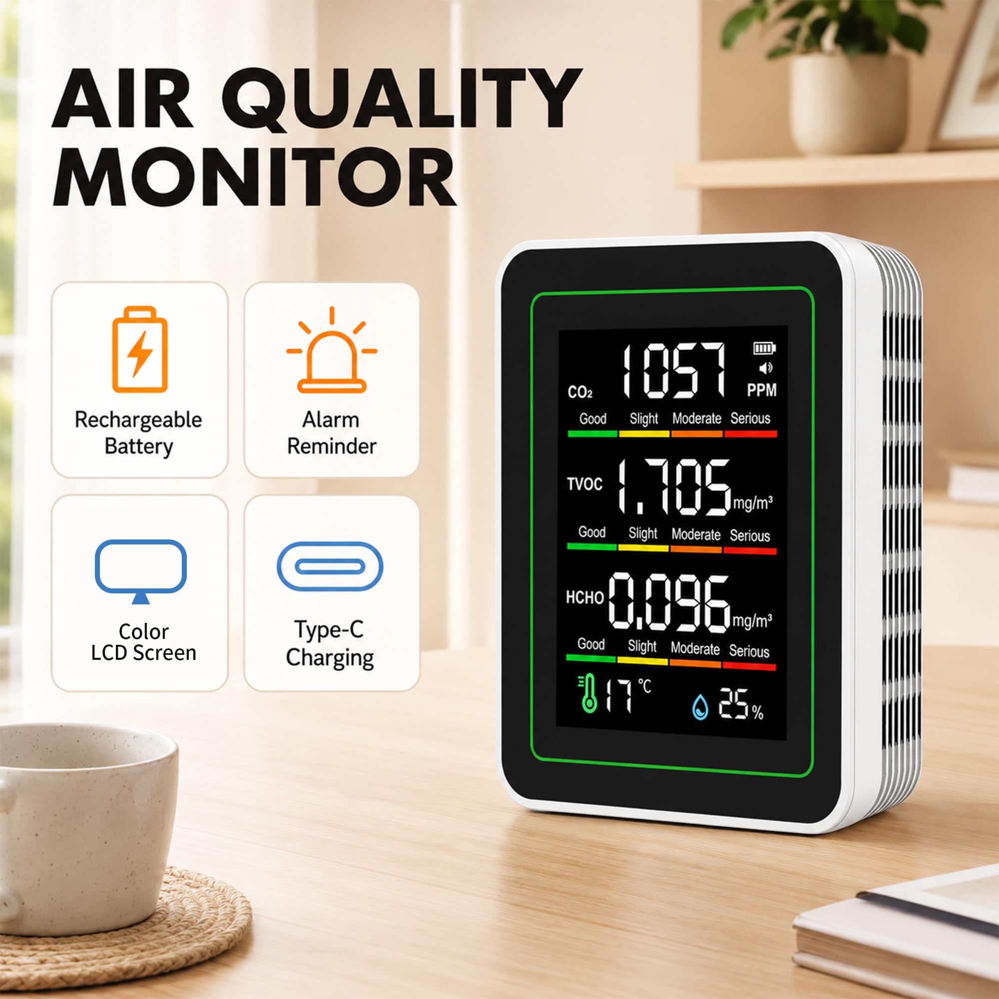 8-in-1 Indoor Air Quality Monitor, CO2 TVOC HCHO Temperature Humidity Meter — Amazon image 2