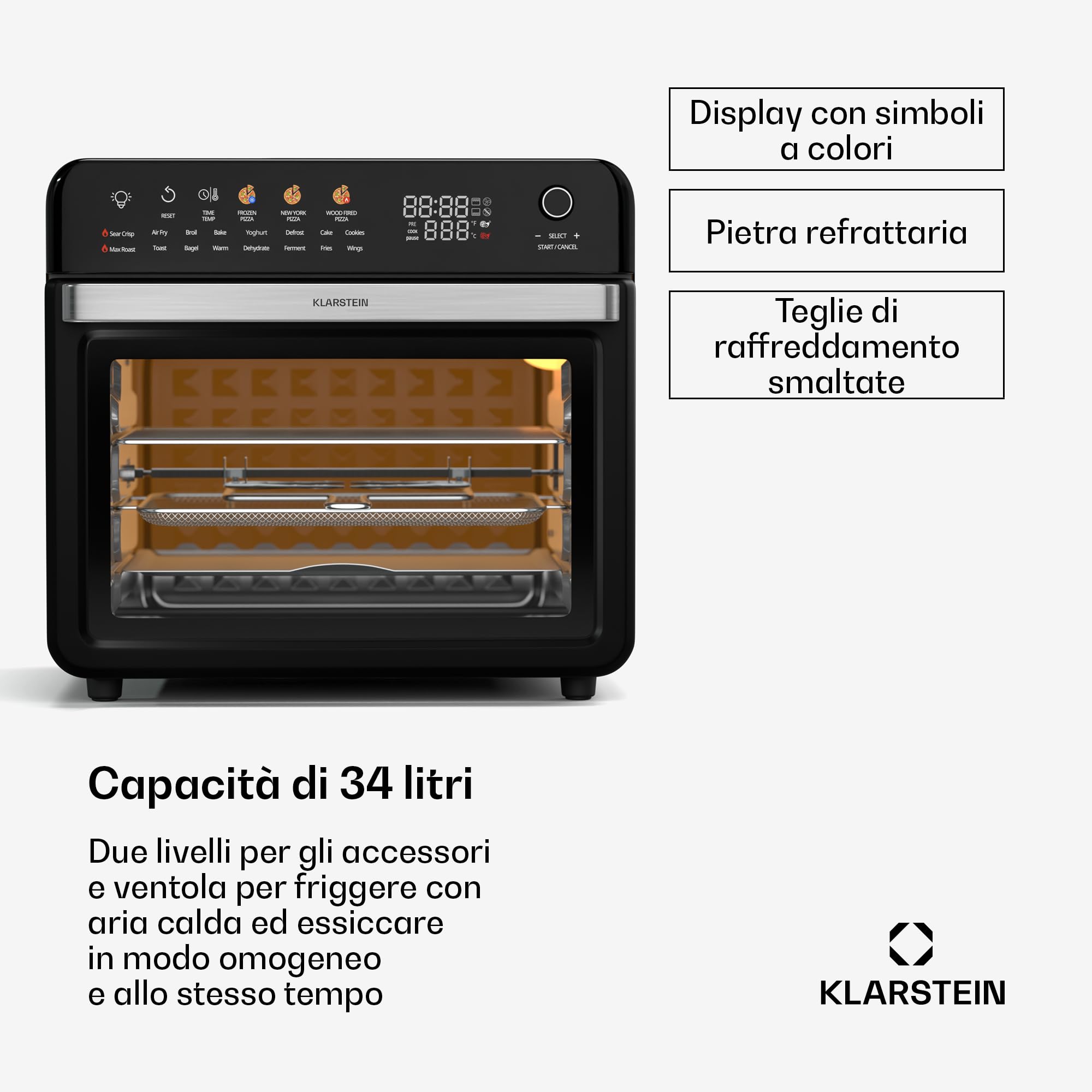 Klarstein AirGlaze - Friggitrice Ad Aria, 34L, Fornetto, 2,000W, 19 Programmi, Display Digitale, Funzione Girarrosto, Accessori Rimovibili, Sportello A Doppio Vetro, Nero