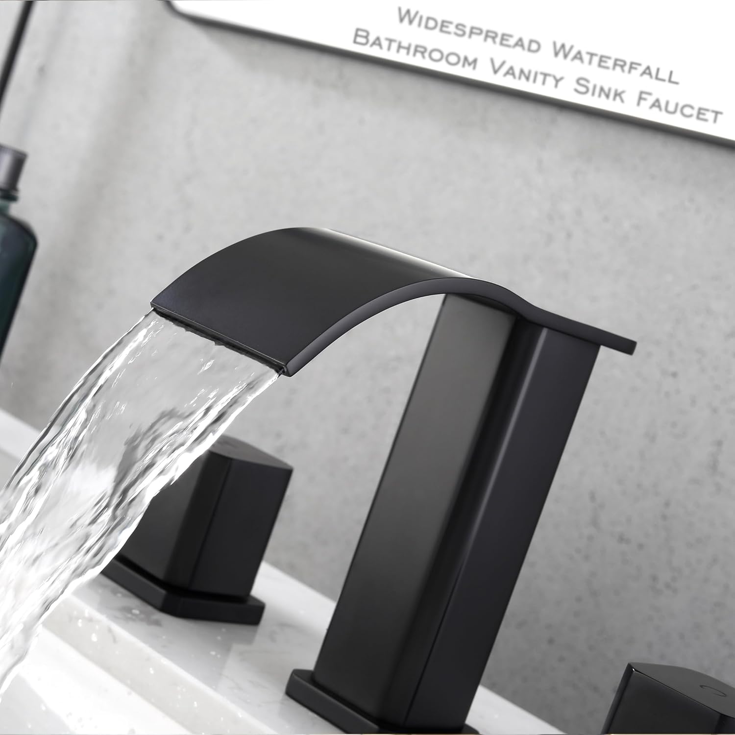 Black Bathroom Faucet 3 Hole Widespread, 2 Handles 8 Inch Waterfall Bathroom Sink Faucet with Overflow Included Pop Up Drain and 2 Supply Lines for Vanity Restroom Lavatory Sink SE-0028-BK