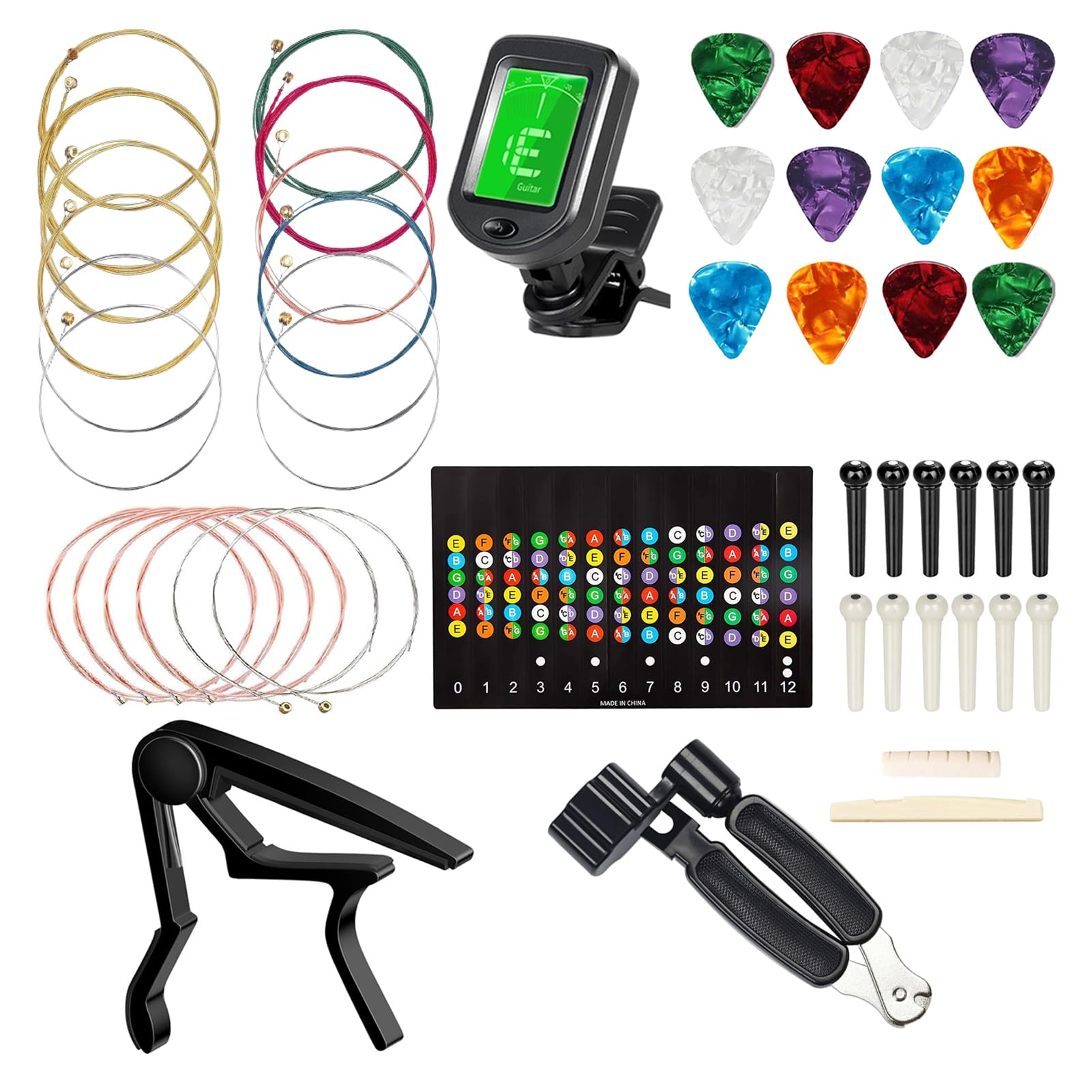 Guitar Accessories Kit Including acoustic Guitar Strings, tuner, capo, 3-in-1 restring tool, picks, bridge pins, guitar nuts saddles and Fretboard Stickers(48 Pcs)