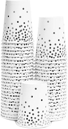 Miniatura 7 de Juvale Juego de vajilla desechable de lunares de 150 piezas, color blanco y plateado, incluye 50 platos de cena de 9 pulgadas y 50 platos de