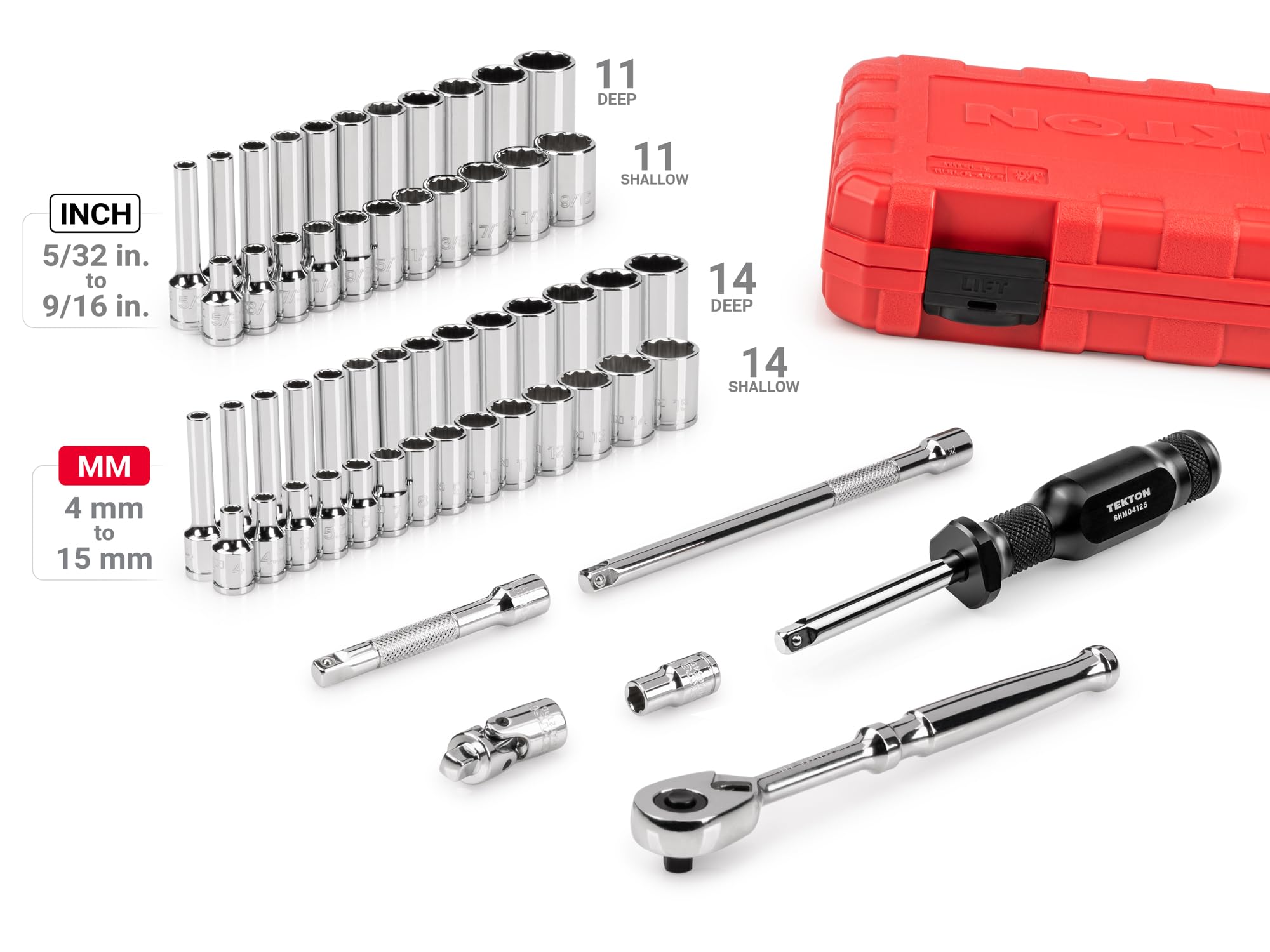 TEKTON SKT05304 12-punktowy zestaw nasadek i grzechotki 1/4 cala, 56-częściowy (5/32-9/40.6 cm, 4-15 mm) | SKT05304