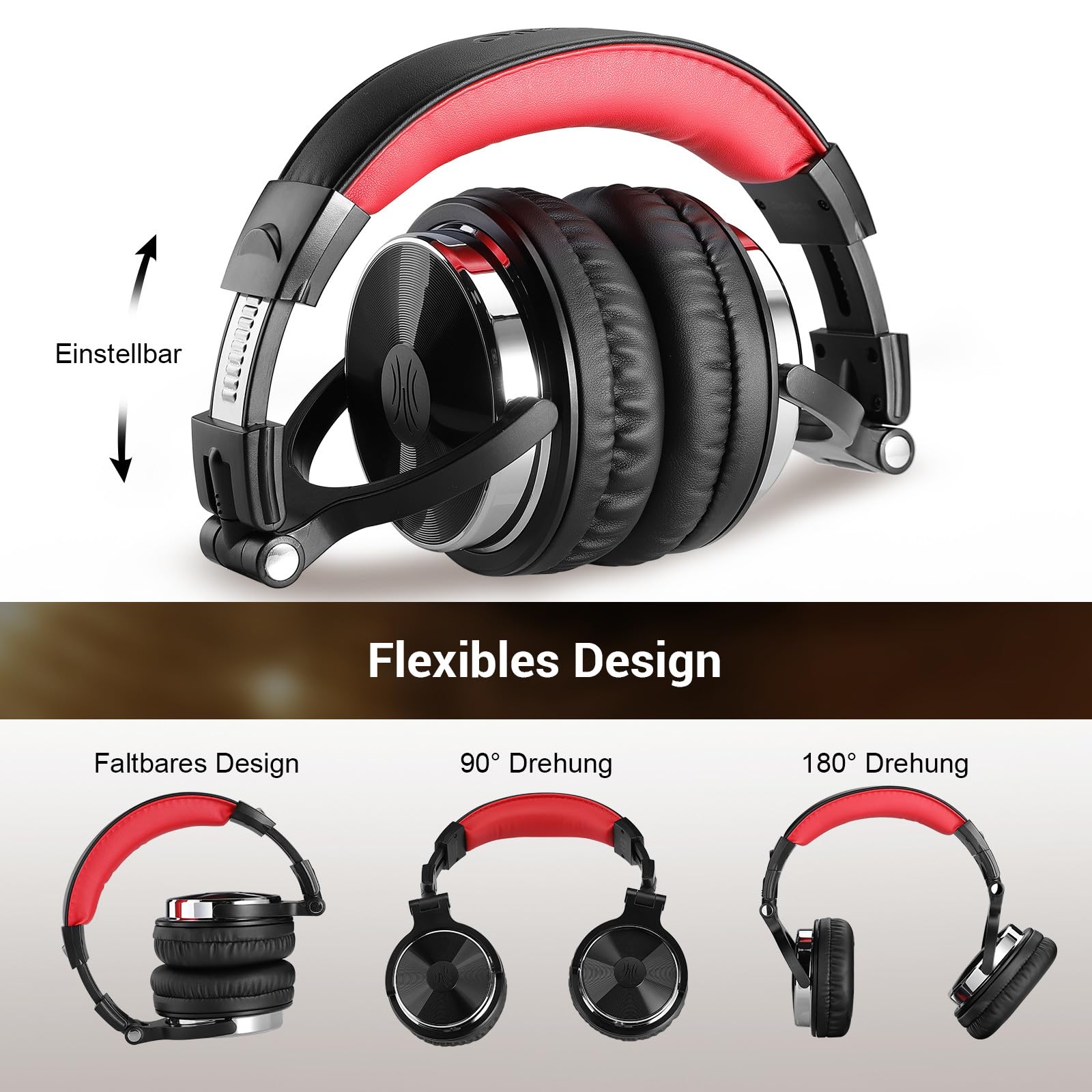 OneOdio Casque Audio Filaire DJ Piano Guitare avec Micro, Hi-Res Audio Extra Basse Son, Léger Confort Pliable Casques avec Share-Port, 2 câbles - Headphone pour PC Studio Monitor AMP Pro-10(Rouge)