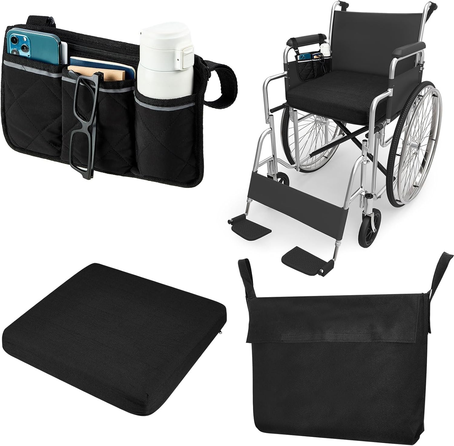 Geetery 3 Pcs Seat Cushion Side Wheelchair Bag and