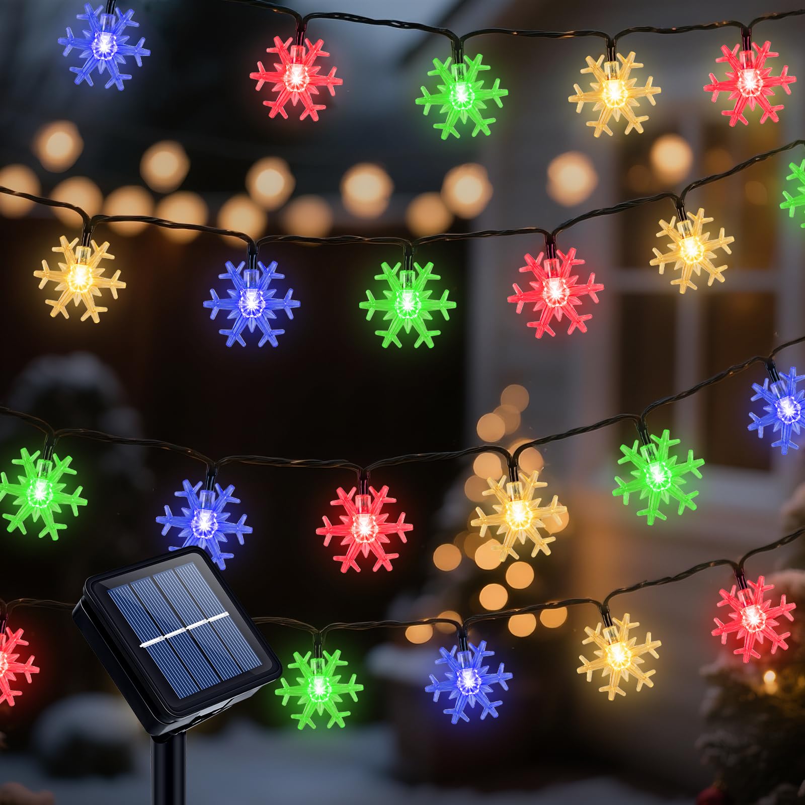 Qoosea Solar Christmas Lights Outdoor, 12m 100 LED Colored Snowflake Fairy Lights 8 Modes Solar String Light with Timing Function, Waterproof Christmas Decoration for Garden Party Yard