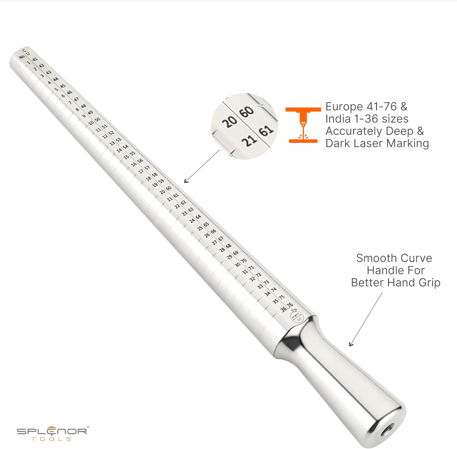 Splenor Tools Solid Stainless Steel 4 Size Ring Mandrel - for Measuring & Forming Rings - Jewelry Making Tool - Ring Sizer - Size (US 1½-15½, UK D-Z6, CU 41-76 & in 1-36)