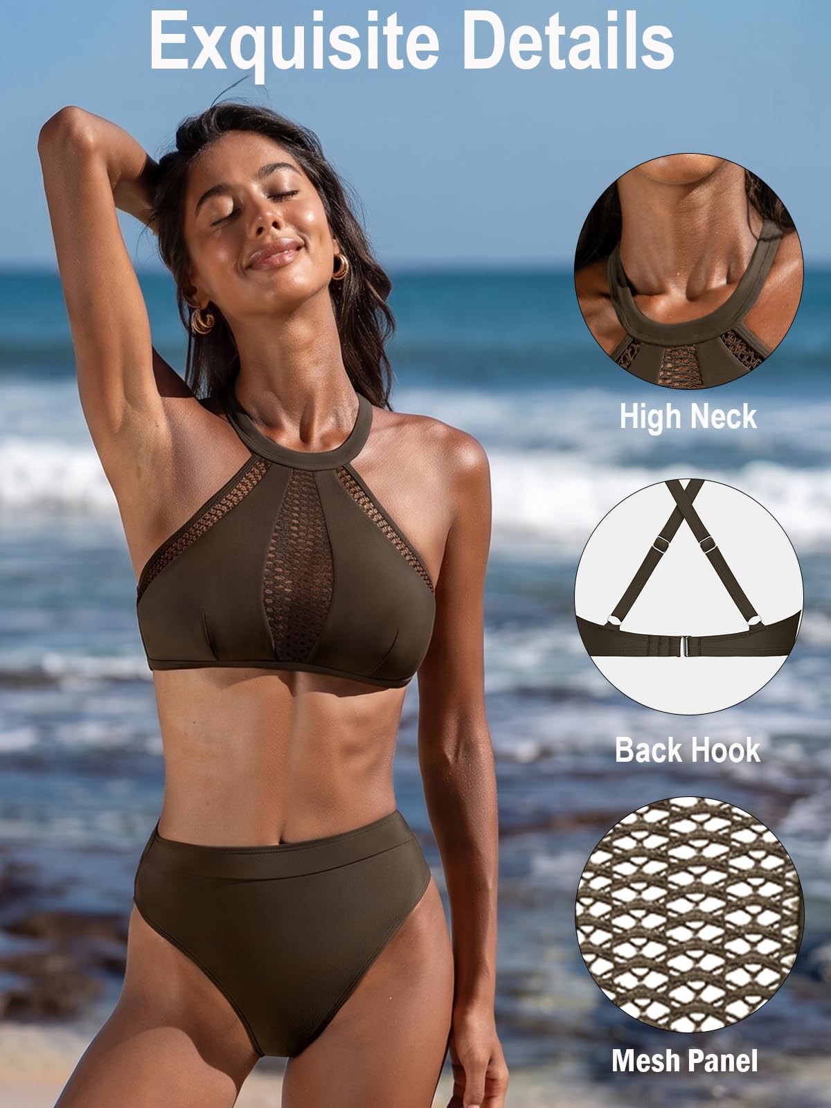 CUPSHE Damski zestaw bikini z wysokim stanem z wysokim dekoltem dwuczęściowy strój kąpielowy z siateczki