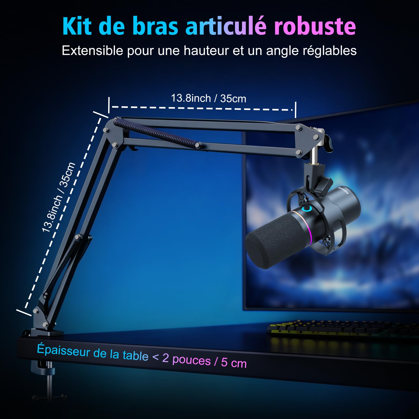 Microphone Gaming XLR/USB avec Perche, Microphone Dynamique avec Mise en Sourdine Instantanée, Contrôle du Gain et Prise Casque, Microphone RGB pour Podcast, Streaming, Enregistrement et Chant