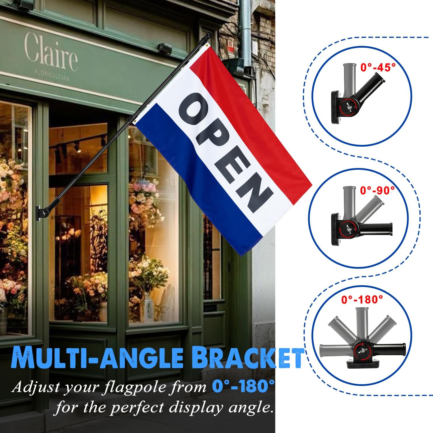 XIFAN Double Sided Open Flag with Pole Kit – 6FT Black Stainless Steel Flag Pole, 3x5FT Flag, Multi-Position Wall Mount Bracket for Business Storefront, Commercial & Residential Advertising Signage - Image 2
