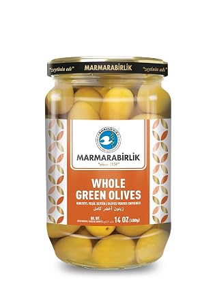 Marmarabirlik Green Olives, Turkish Pickled Olive, Cocktail Green, Hand-Picked, Healthy Snacks, Perfect for Salads & Mezze, Platter of Fresh Food, Vegan, Kosher, Halal, Snack Packs, 14 Oz 400g