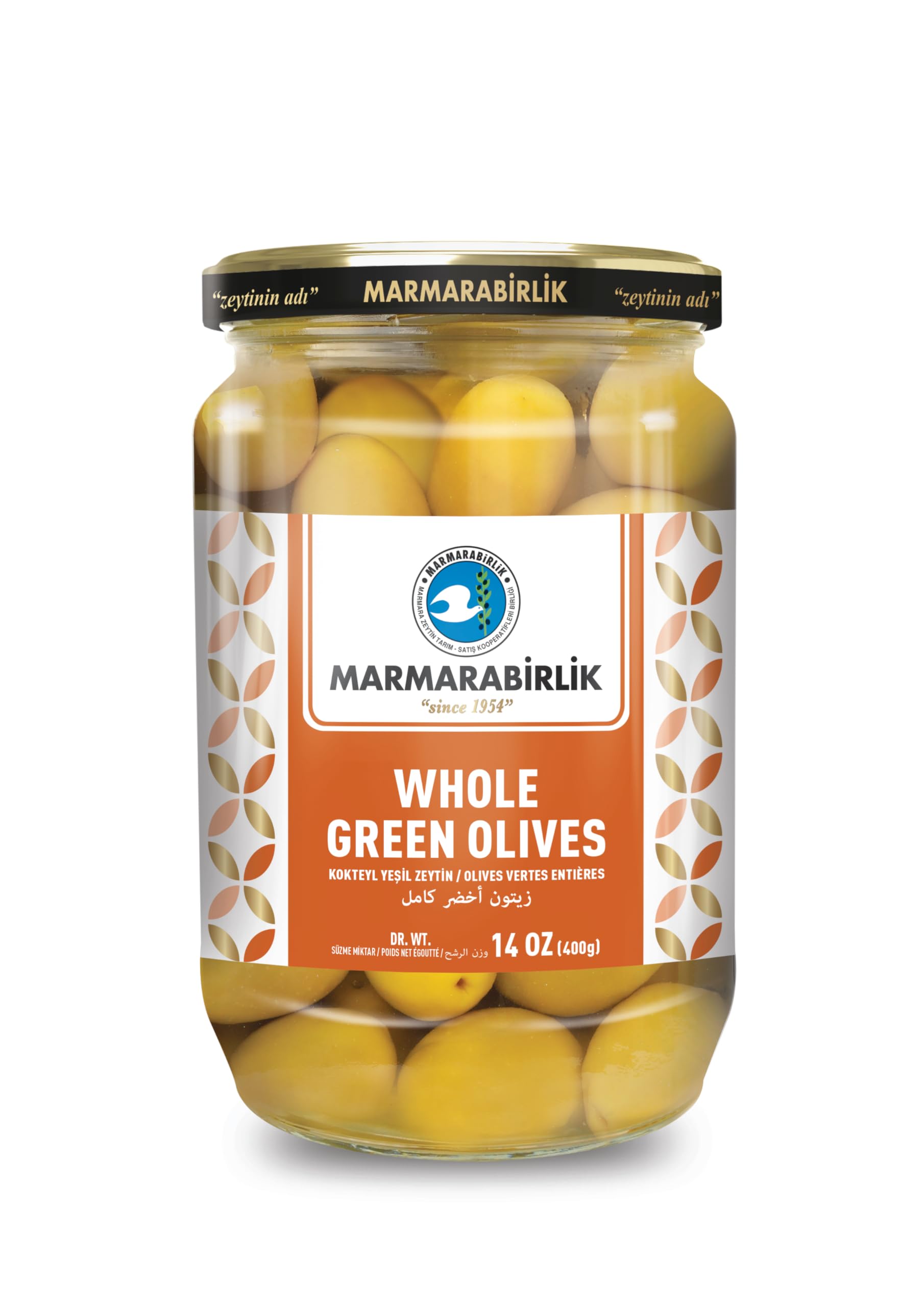 Marmarabirlik Green Olives, Turkish Pickled Olive, Cocktail Green, Hand-Picked, Healthy Snacks for Salads & Mezze, Platter of Fresh Food, Vegan, Kosher, Halal, Snack Packs, 14oz (400g)
