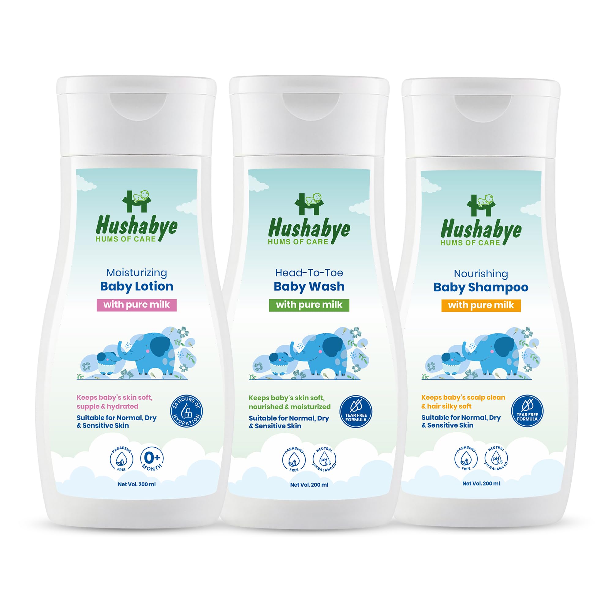Hushabye Moisturizing Baby Lotion, Head to Toe Wash & Nourishing Shampoo with Milk Protein | pH Balanced for All Skin Types | Newborn Care Gift Set, 200ml Each, Combo Pack of 3-image-6
