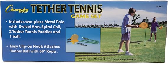 Champion Sports TTGAME Tetherball Tennis: Swingball Outdoor Lawn Game for Kids, Adults, and Families - Backyard Tether Kit with Tennis Ball and Paddle Set