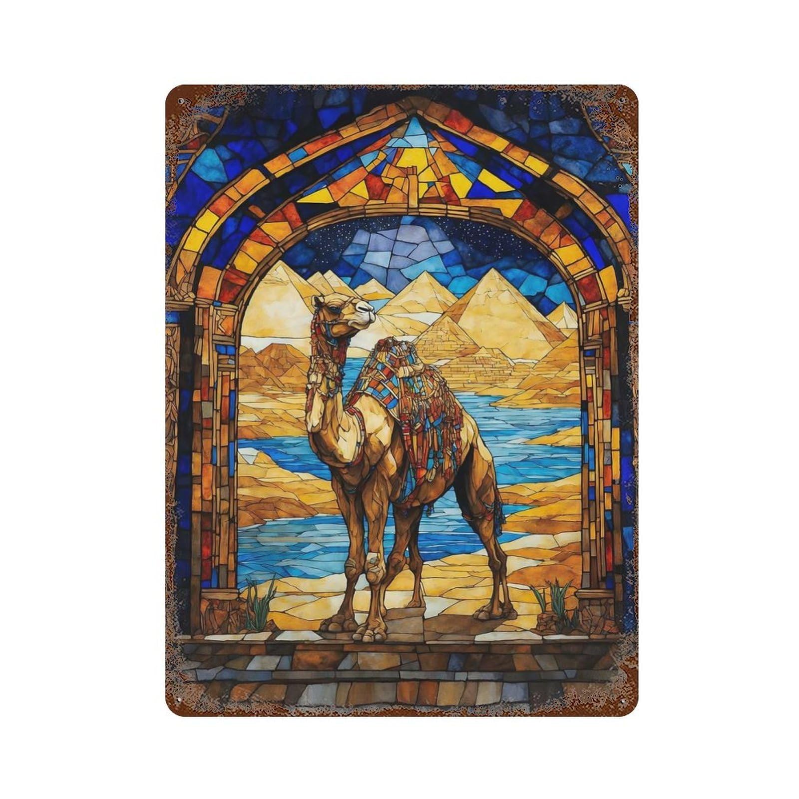 Decorative Tin Sign with Egyptian Pyramids Camel Design 15.7"x11.8", for Garage, Bar And Workshop Decor, Decorative Metal Wall Art