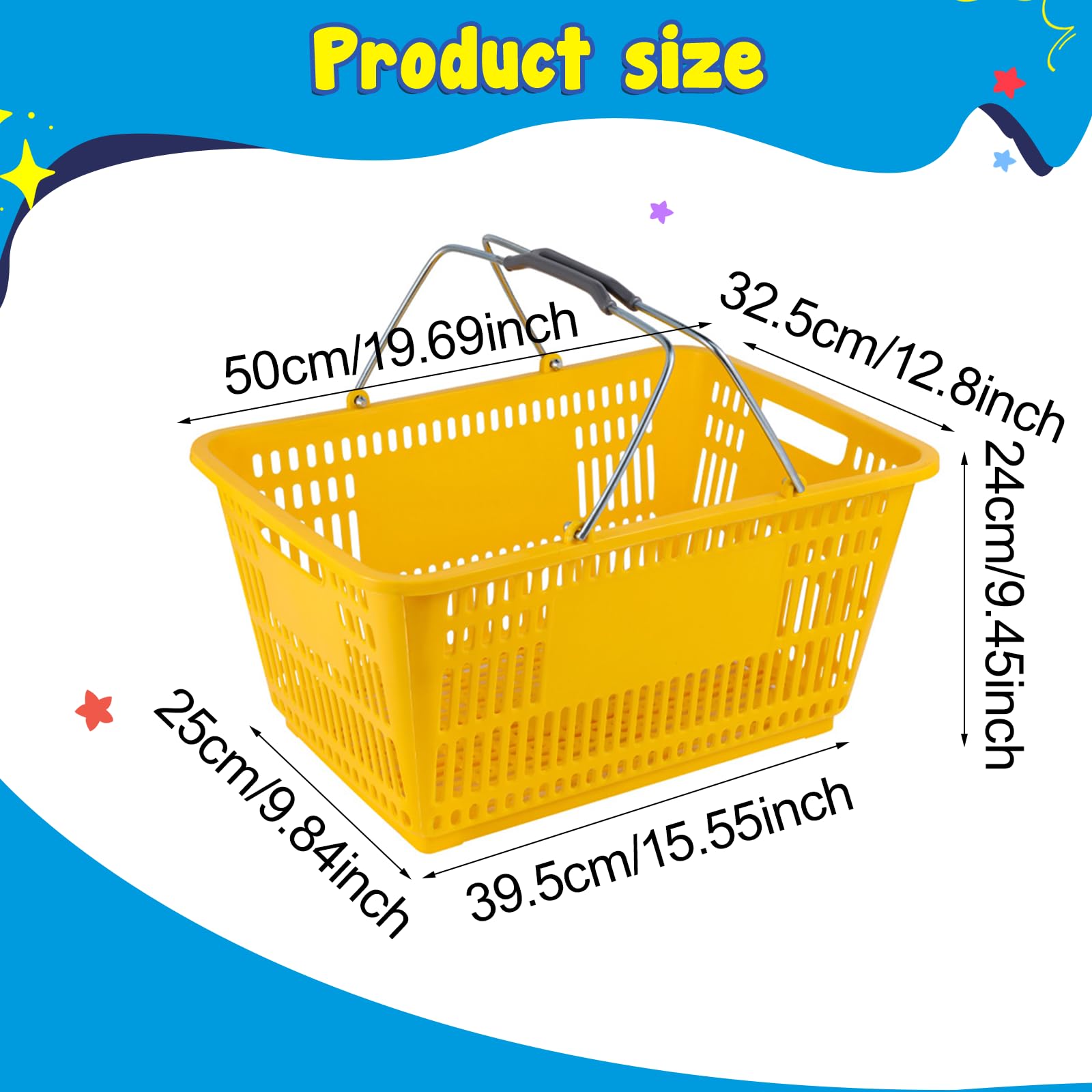 Einkaufskorb, Supermarkt-Organizer, tragbarer und ergonomischer Eisen-Aufbewahrungskorb mit Griff für Lebensmittel, Spielzeug, Kosmetik, Gelb