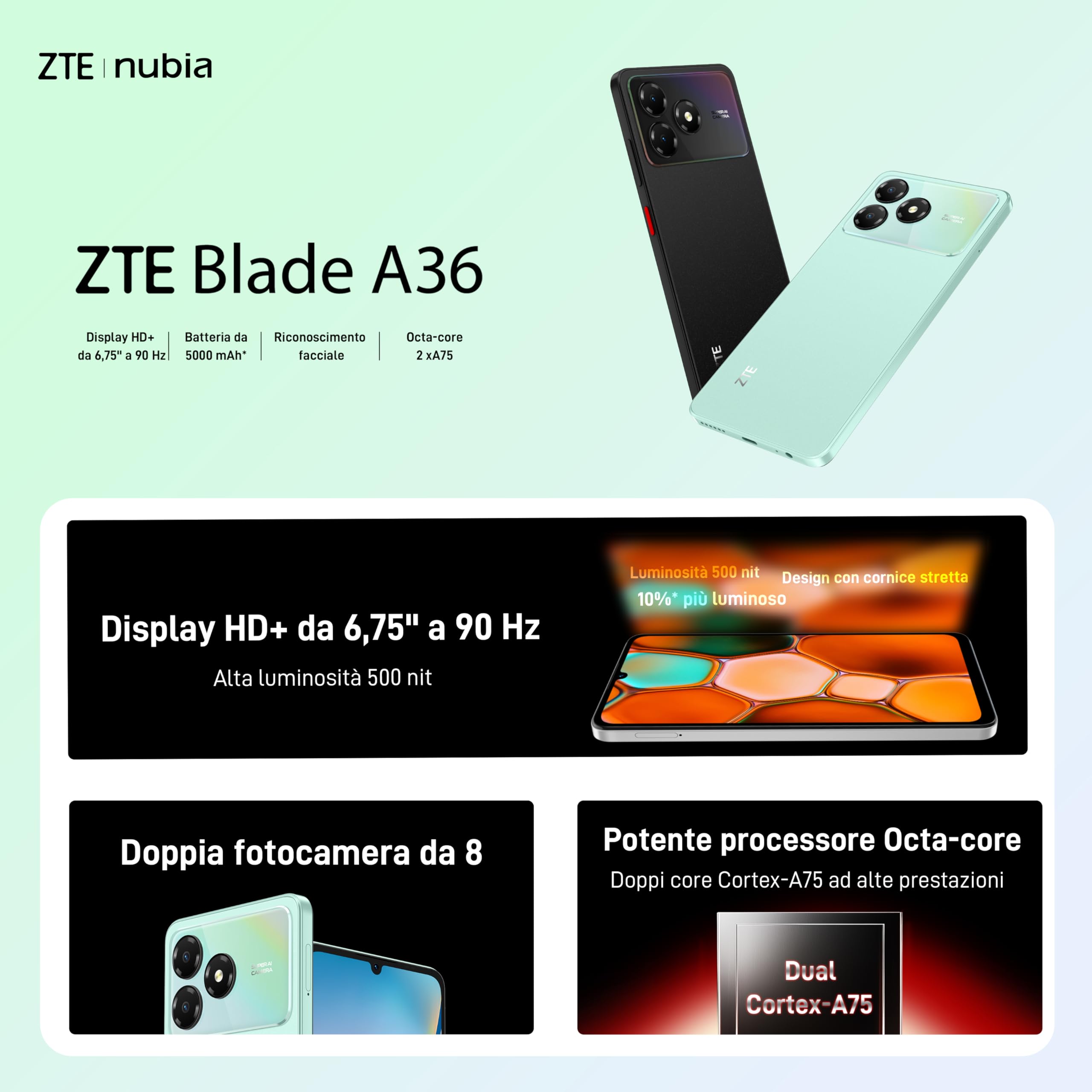 ZTE Blade A36 Smartphone 4G, Memoria 64GB, RAM 12GB (4GB+8GB memory fusion), Batteria 5000mAh, Fotocamera 8Mpx con AI, Android 15, Nebula Black
