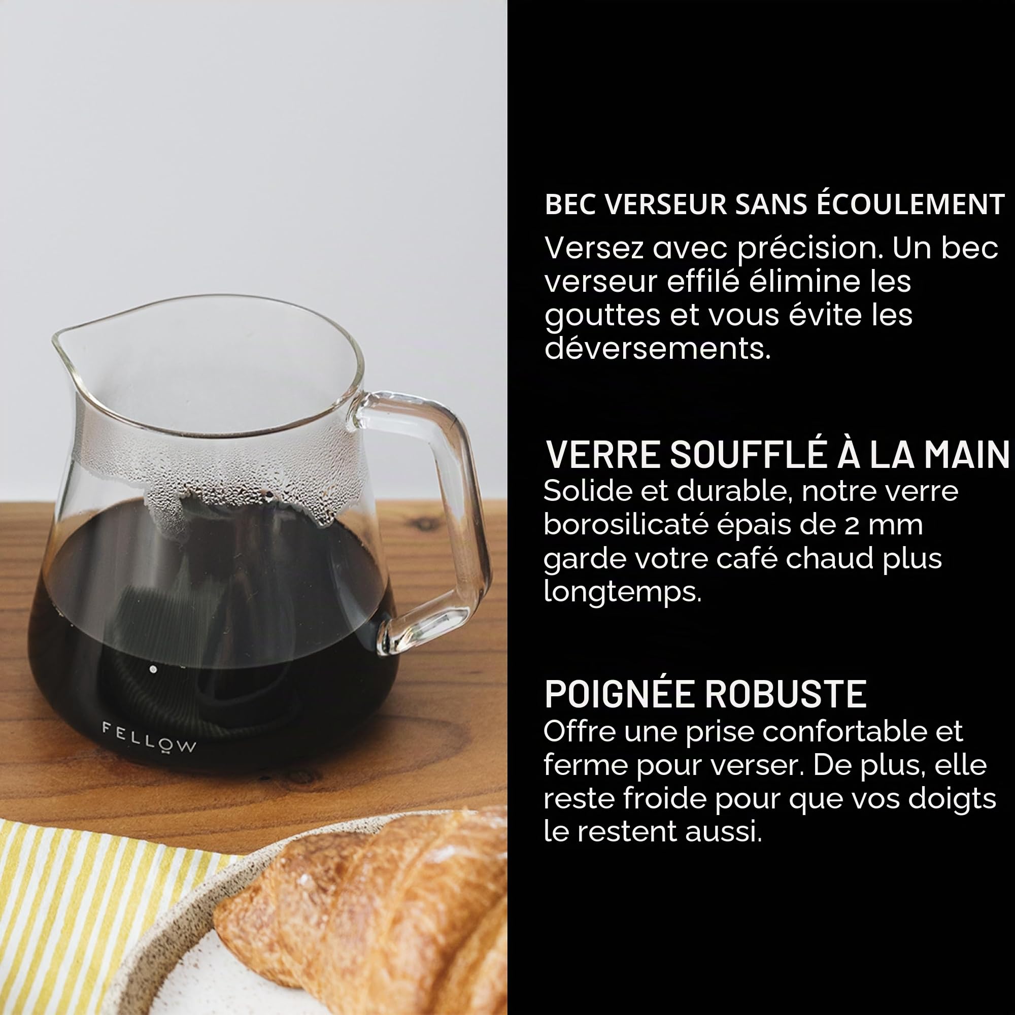 Fellow Mighty Petite carafe de service en verre pour café et thé, gris fumé 5 mm, capacité 500 ml, bec anti-goutte, poignée robuste