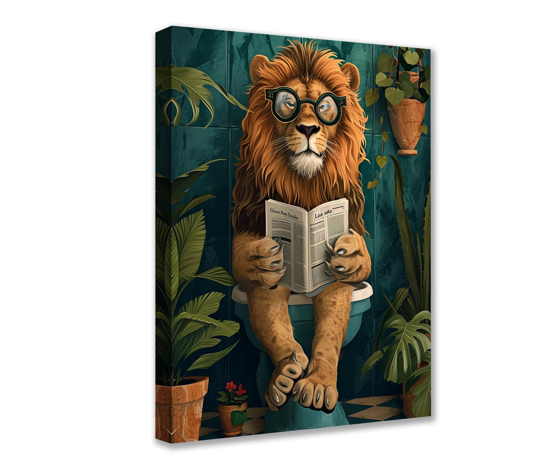 Lustiger Löwe auf Toilette, Leinwand-Kunst, tropische Pflanzen-Poster, niedliches modernes Kunstwerk für Wohnzimmer und Schlafzimmer, gerahmt